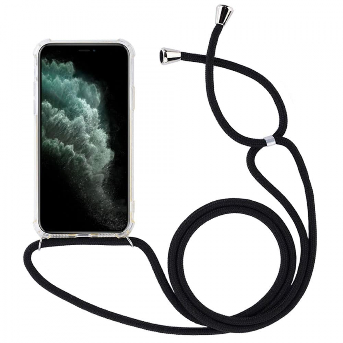 Ein Telefon mit klarer Hülle, verbunden mit einem schwarzen Kabel mit silbernen Akzenten, isoliert auf weißem Hintergrund.