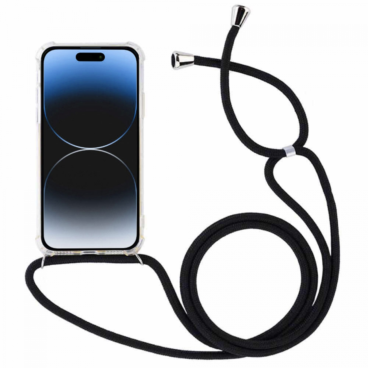 Telefon mit schwarzem Kabel. Transparente Hülle. Zeigt einen Telefonbildschirm. Silberfarbene Hardware.