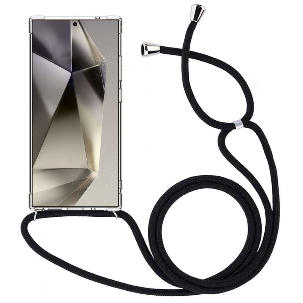 Ein Smartphone mit geometrischem Design auf dem Bildschirm, gehalten von einem schwarzen Kabel mit silbernen Akzenten.