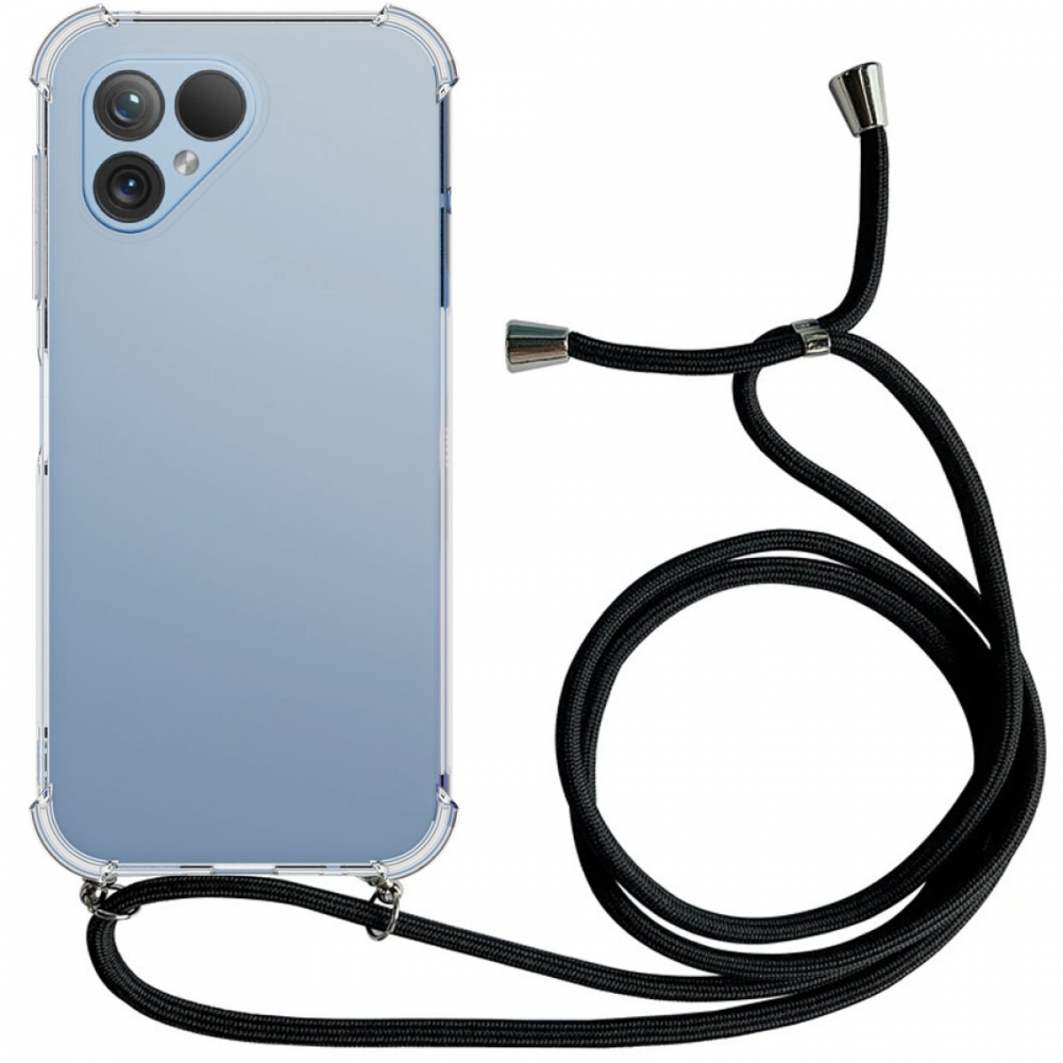 Ein Telefon mit transparentem Case und schwarzem Lanyard. Das Telefon hat mehrere Kameralinsen.