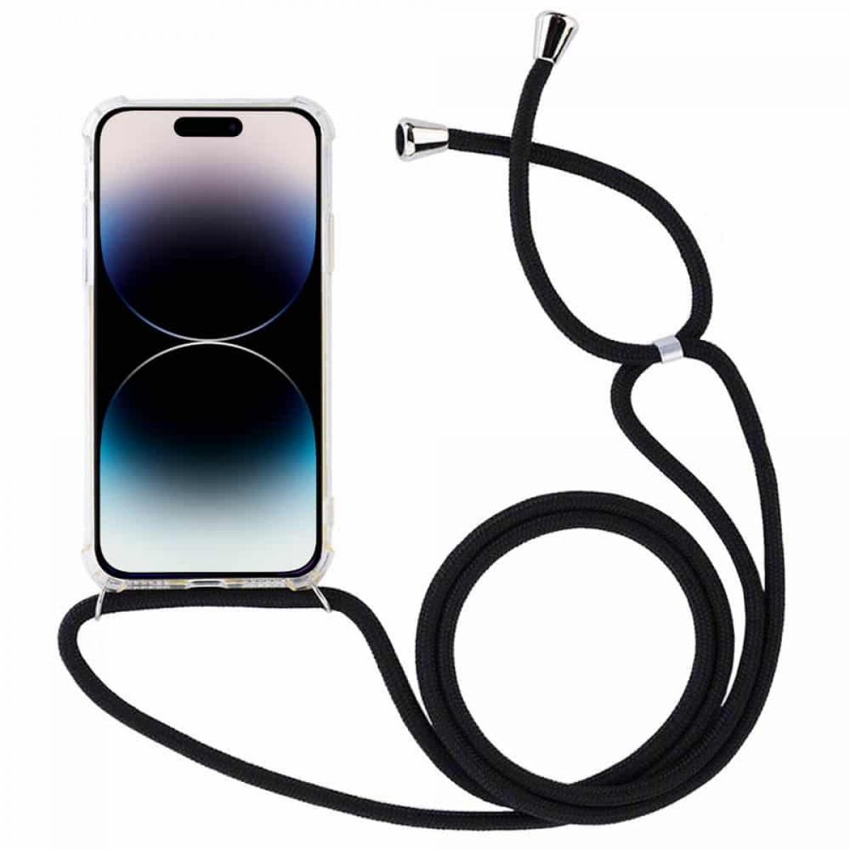 Schwarzes Telefon-Lanyard mit Handyhülle. Zeigt ein Telefon mit dunklem Hintergrund.