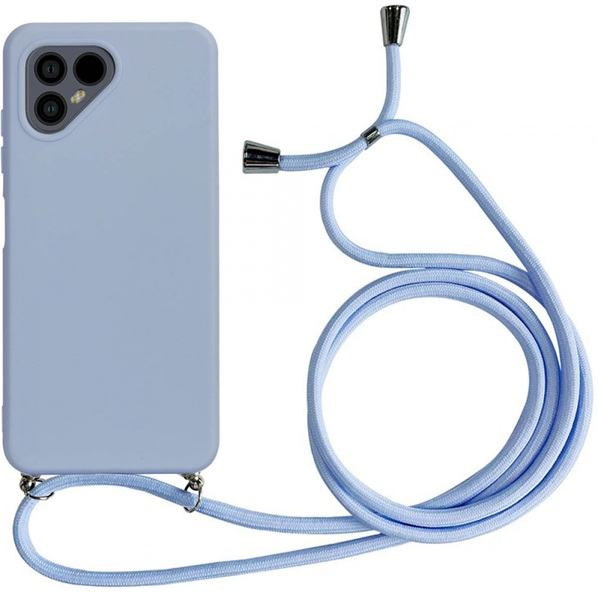 Eine Handyhülle mit Handy und Lanyard. Das Telefon und die Hülle sind hellblau. Das Lanyard ist blau.