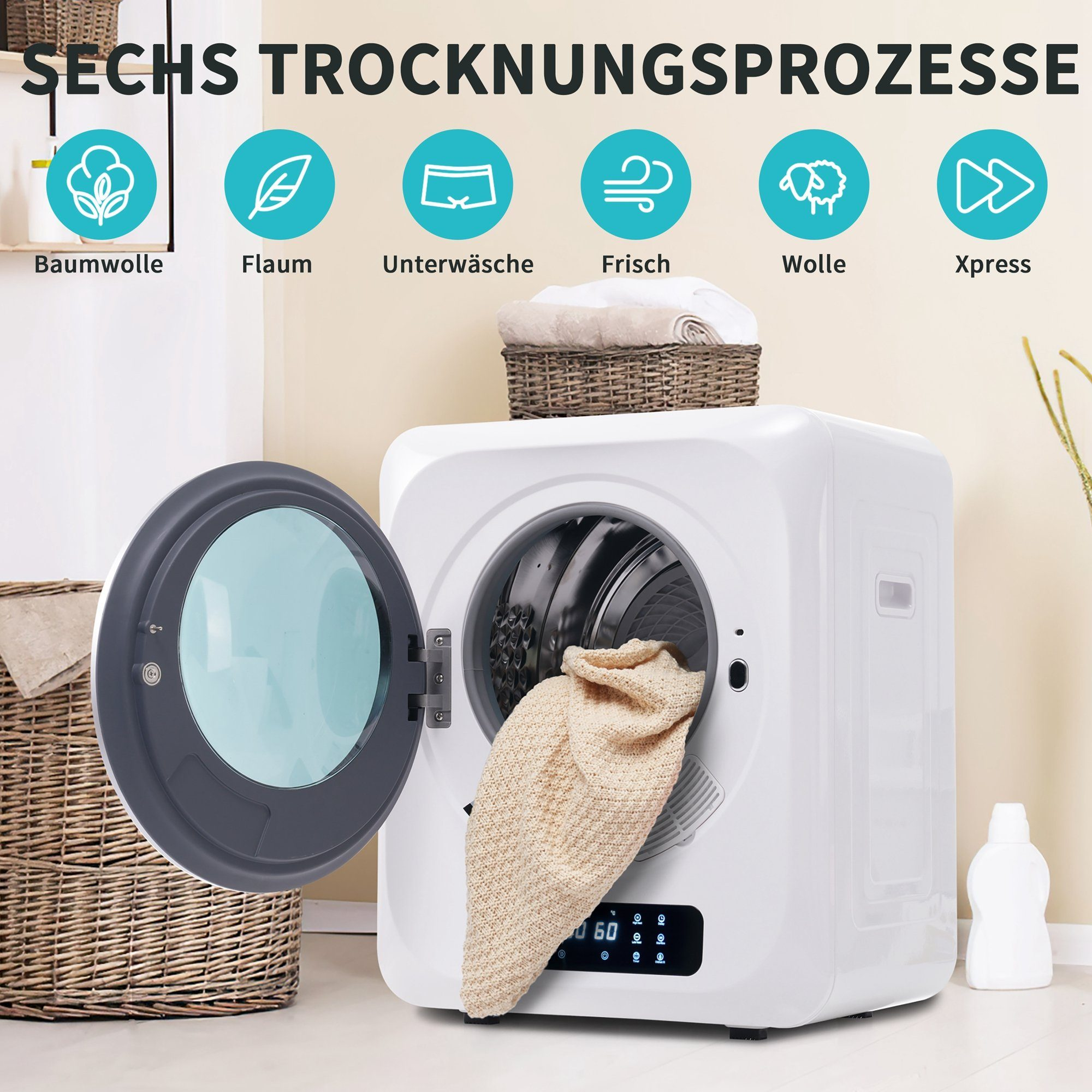 Ein weißer Trockner mit offener Tür, zeigt einen beigen Pullover. Symbole für Trocknungsprogramme sind oben.