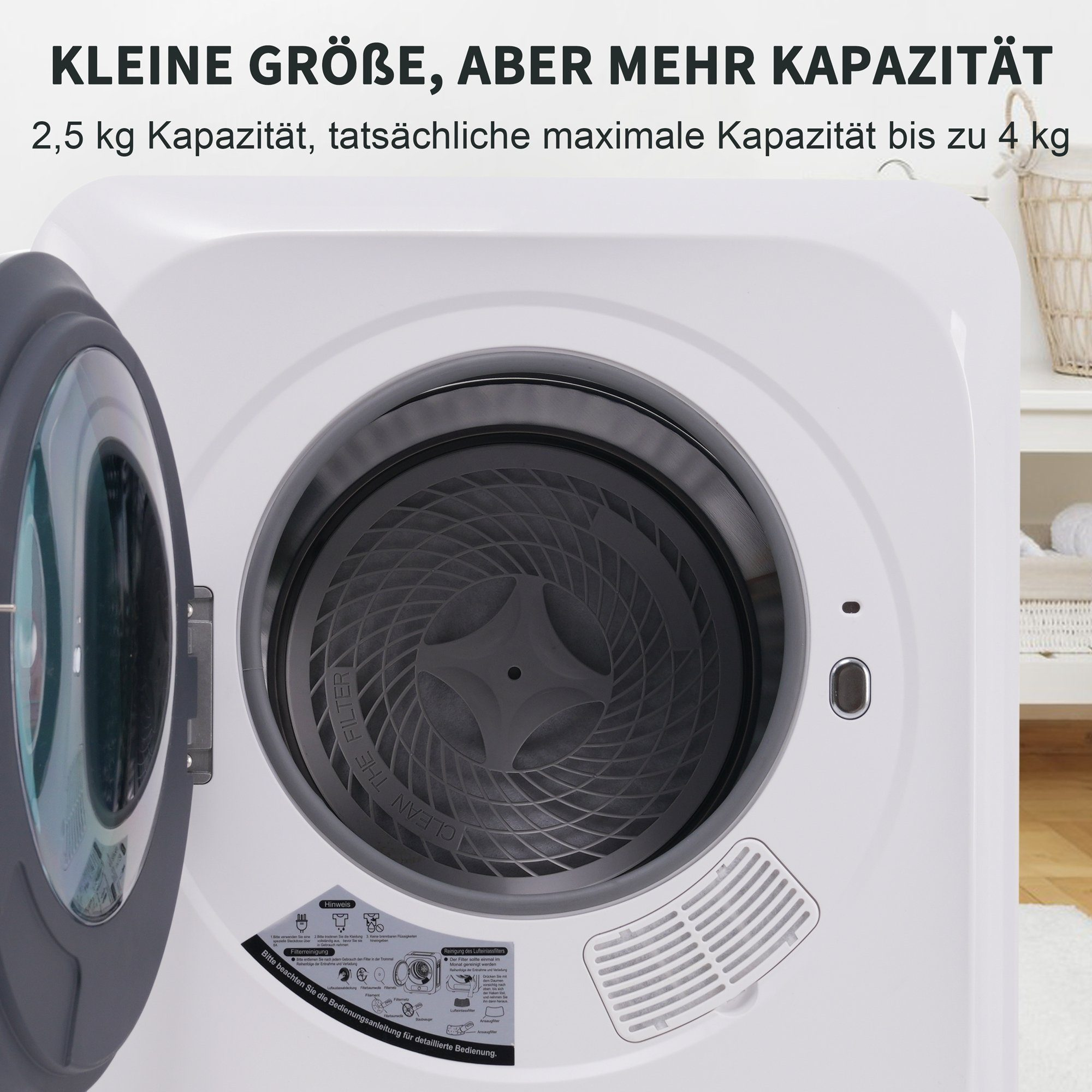 Weißer Trockner mit offener Tür, Trommel sichtbar. Text: Kleine Größe, aber mehr Kapazität.
