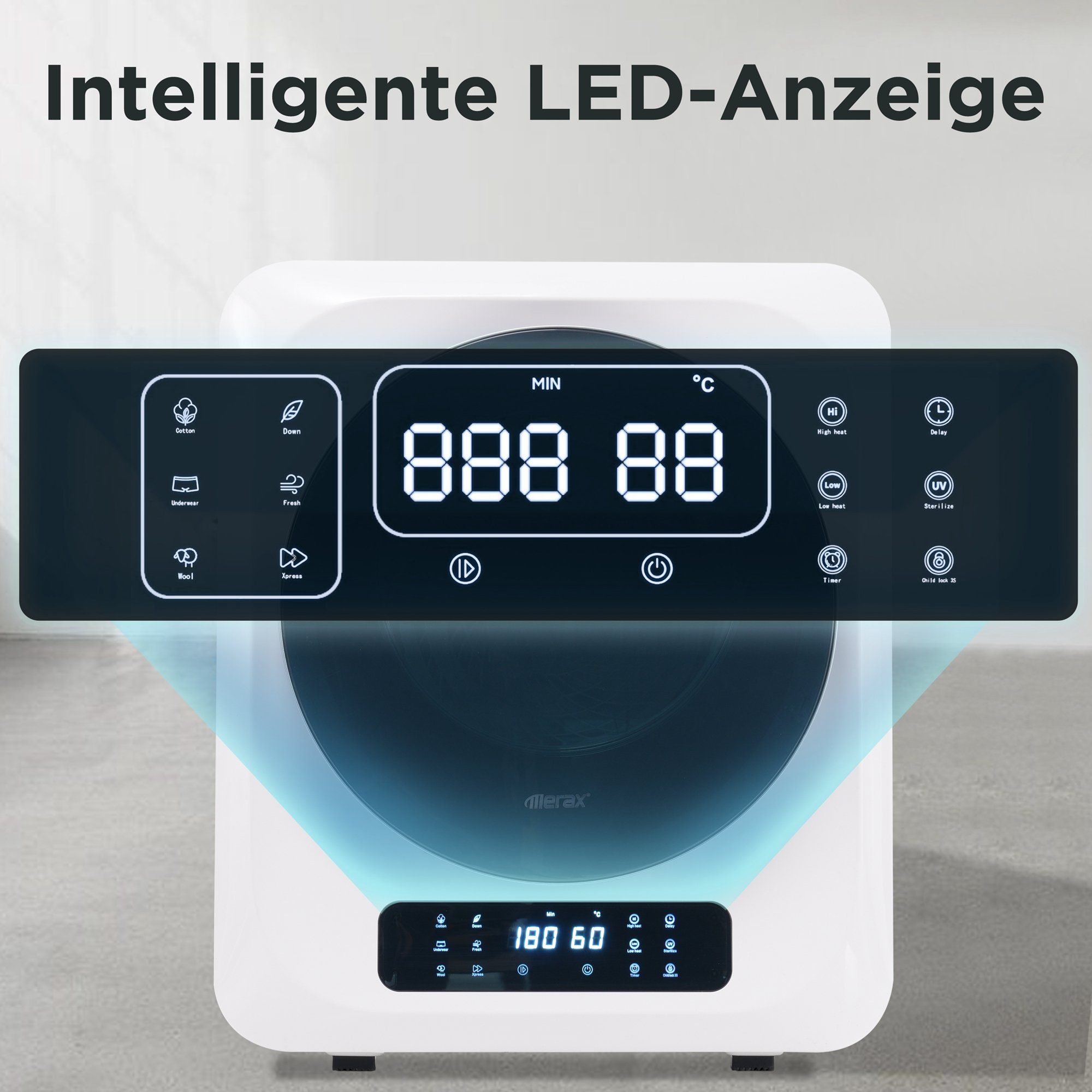 Weißes Gerät mit schwarzem Bedienfeld. Digitalanzeige zeigt Zahlen. Knöpfe und Symbole auf dem Panel.
