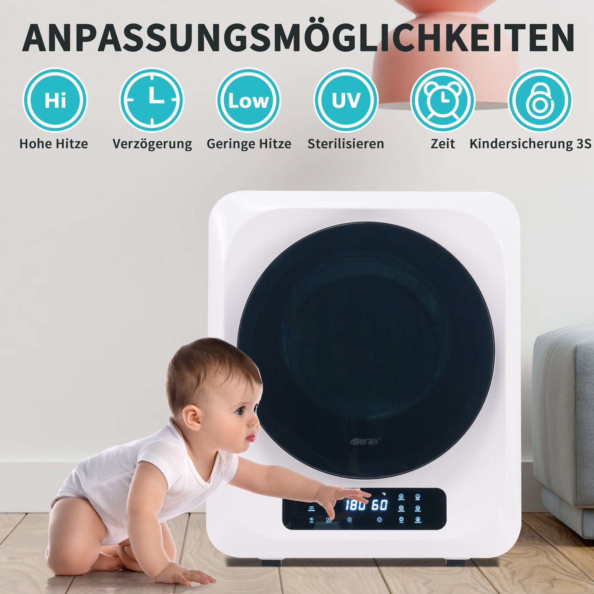 Ein weißes Gerät mit einem Touch-Display und einem Baby, das danach greift.