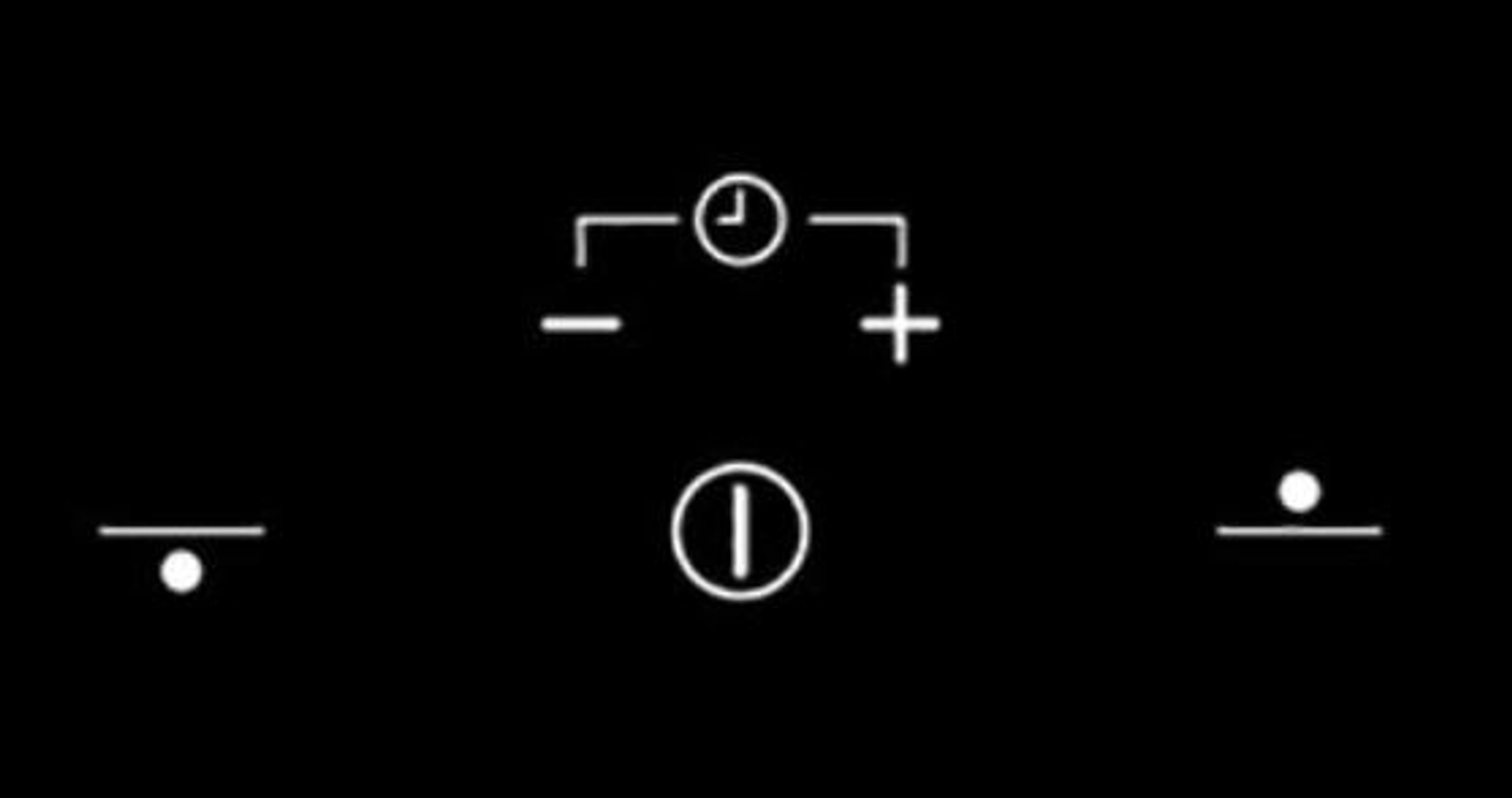 Czarne tło z białymi symbolami. Symbole czasu, zasilania i polaryzacji dodatniej/ujemnej.