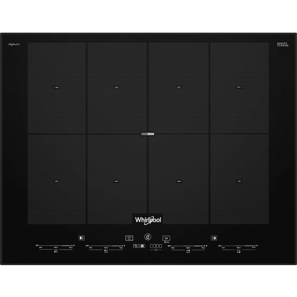 Placa de inducción negra con cuatro zonas de cocción, marca Whirlpool.