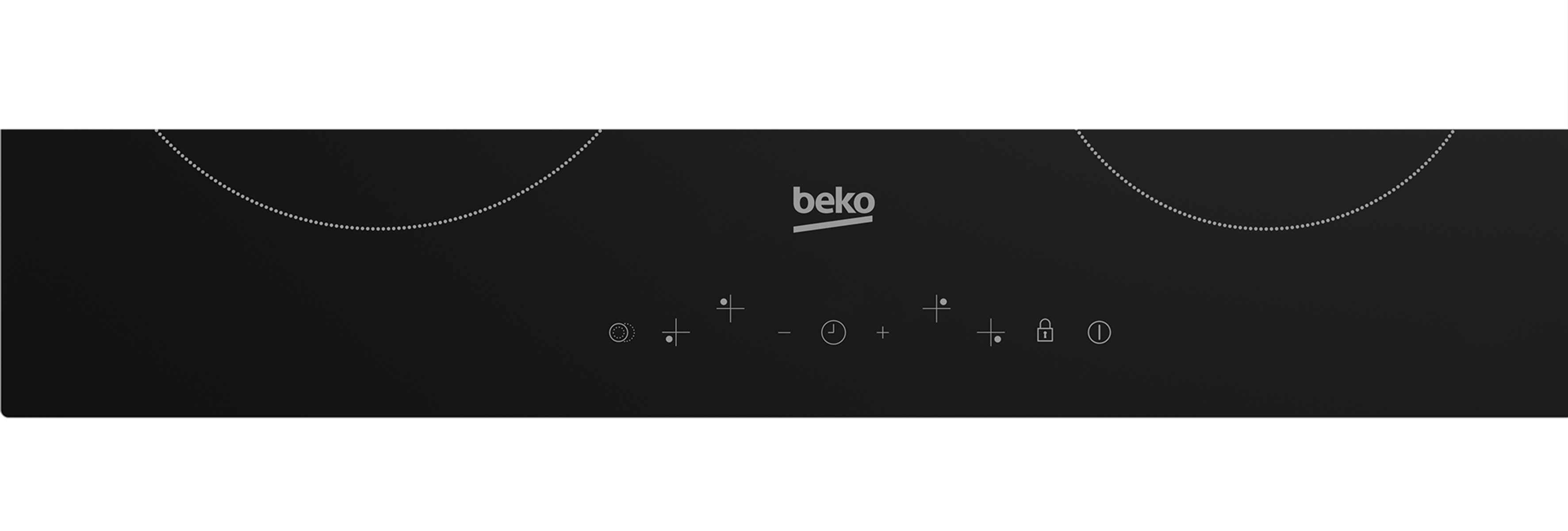 Una placa de inducción Beko negra con controles táctiles. Se ven dos zonas de cocción circulares.