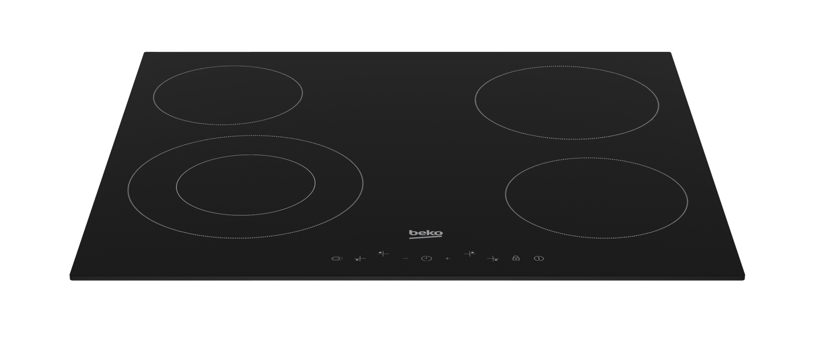 Placa de cocina eléctrica negra con cuatro quemadores circulares. Fondo blanco.