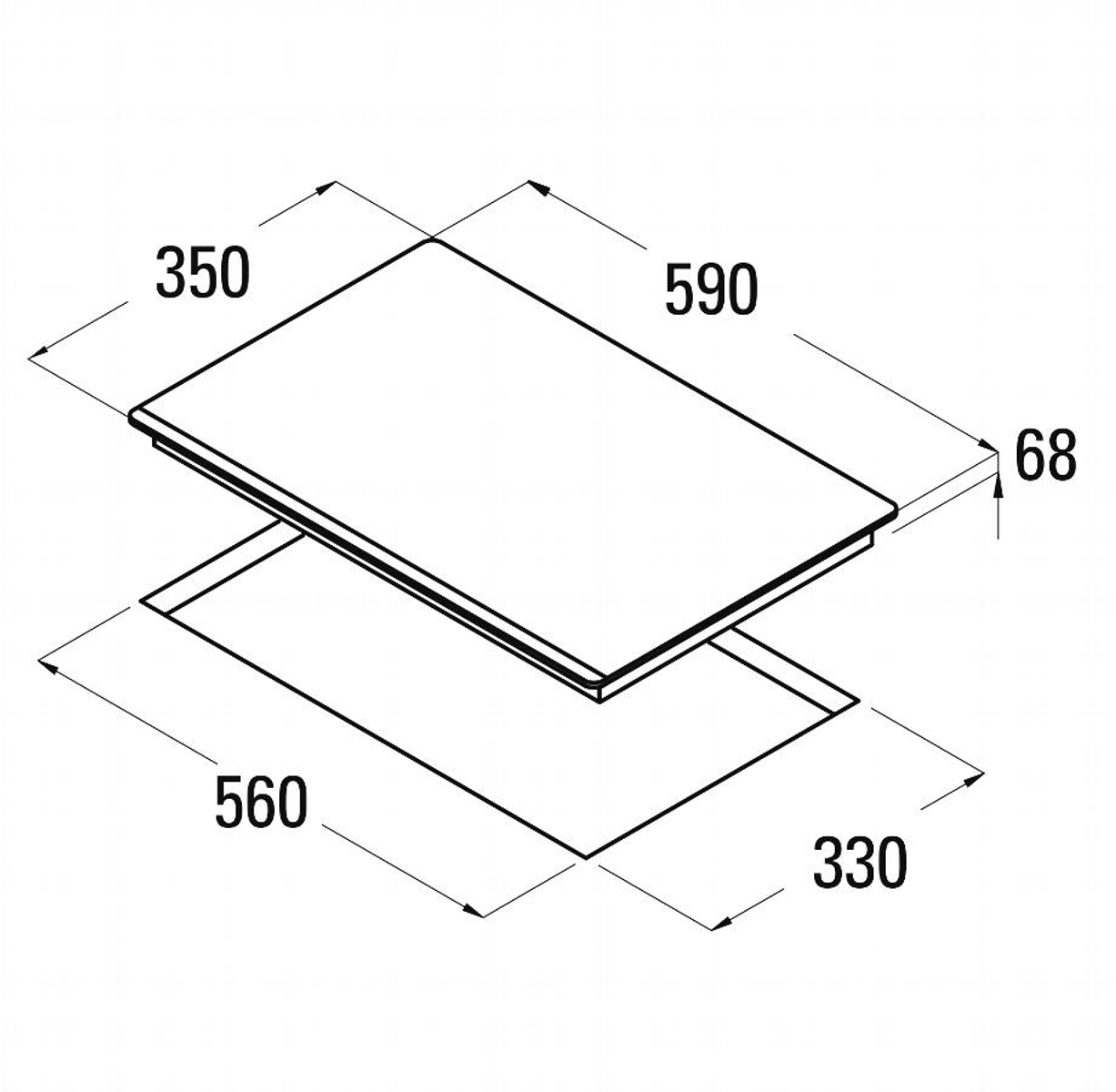 Vista superior de una placa de cocina negra con dimensiones etiquetadas en blanco sobre fondo blanco.
