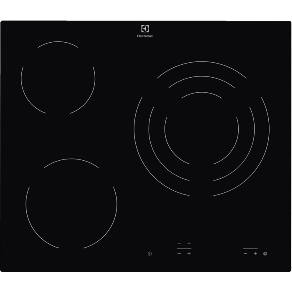 Czarna elektryczna płyta grzewcza z trzema okręgami do gotowania i jednym większym. Widoczne elementy sterowania dotykowego.