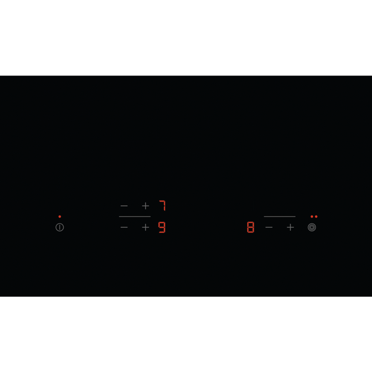 Czarna płyta indukcyjna z czerwonymi wyświetlaczami cyfrowymi pokazującymi liczby i elementy sterowania dotykowego.