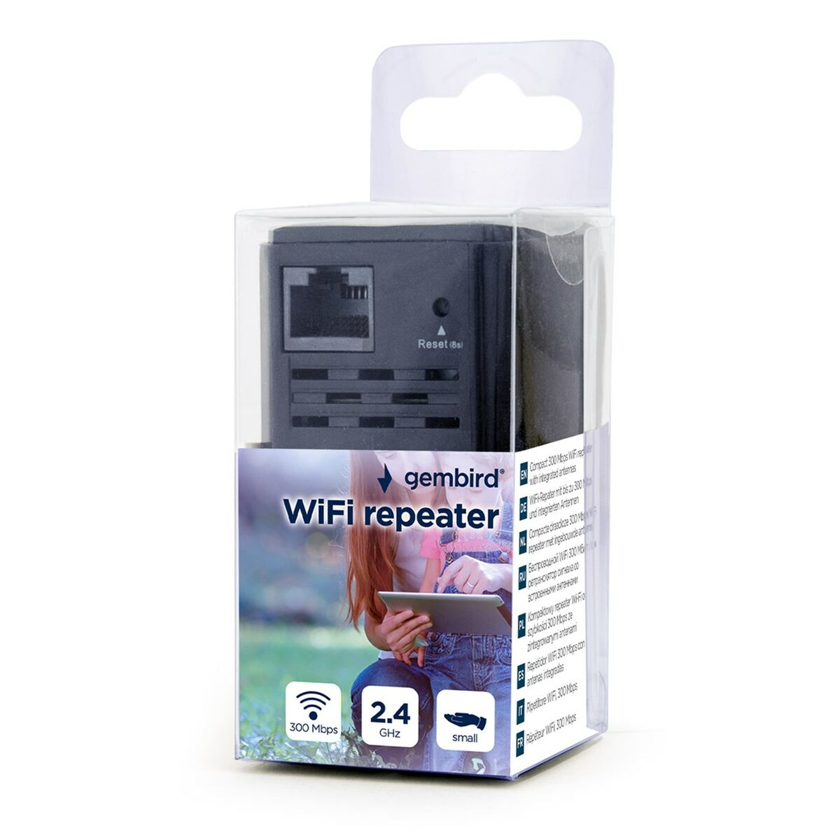 Ein WLAN-Repeater in einer transparenten Kunststoffbox, mit Text und Grafiken auf der Vorderseite.