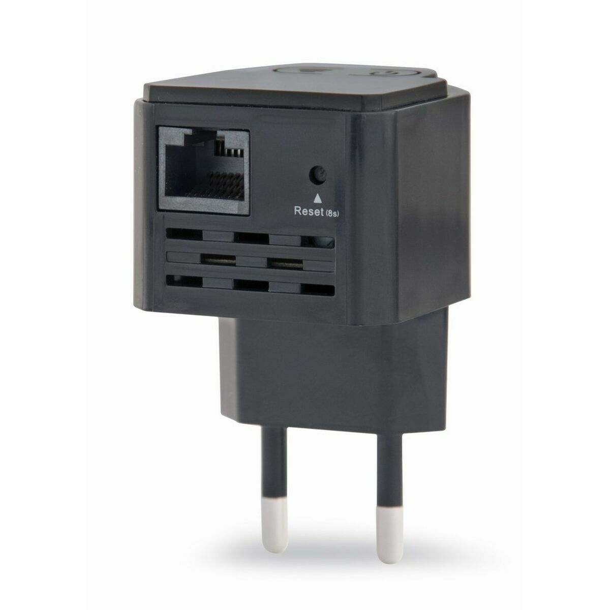 Ein schwarzer Powerline-Adapter mit Ethernet-Anschluss, Reset-Taste und Zweipol-Stecker.