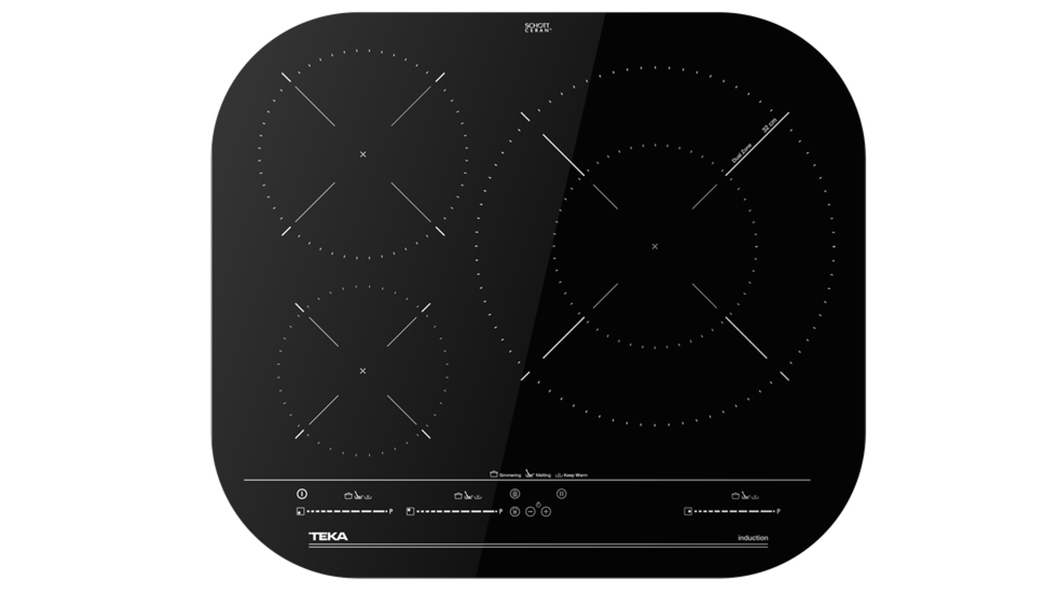 Czarna płyta indukcyjna z trzema strefami gotowania i sterowaniem dotykowym. Białe tło.