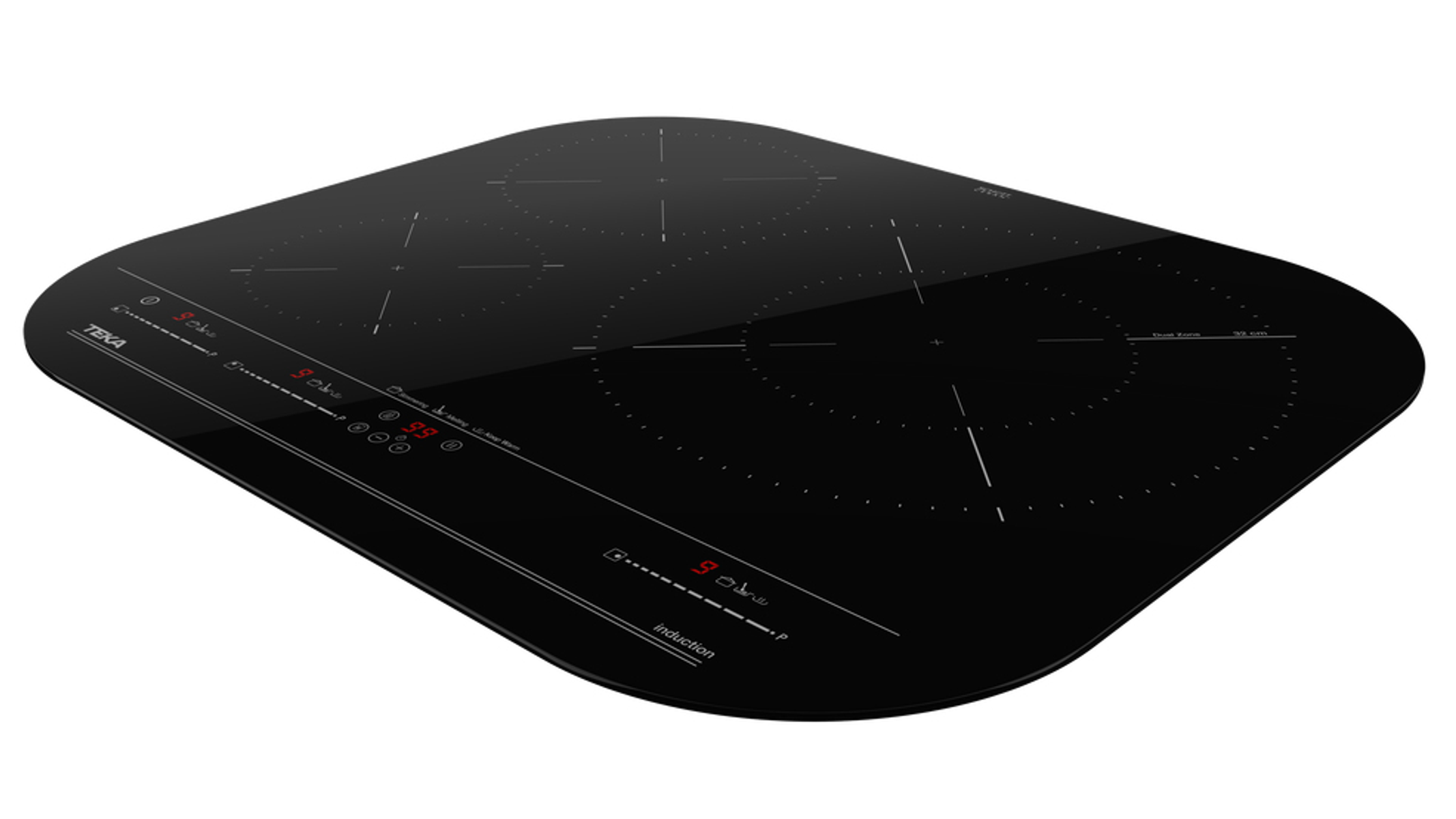 Czarna płyta indukcyjna z czterema strefami gotowania. Cyfrowy wyświetlacz pokazuje ustawienia.