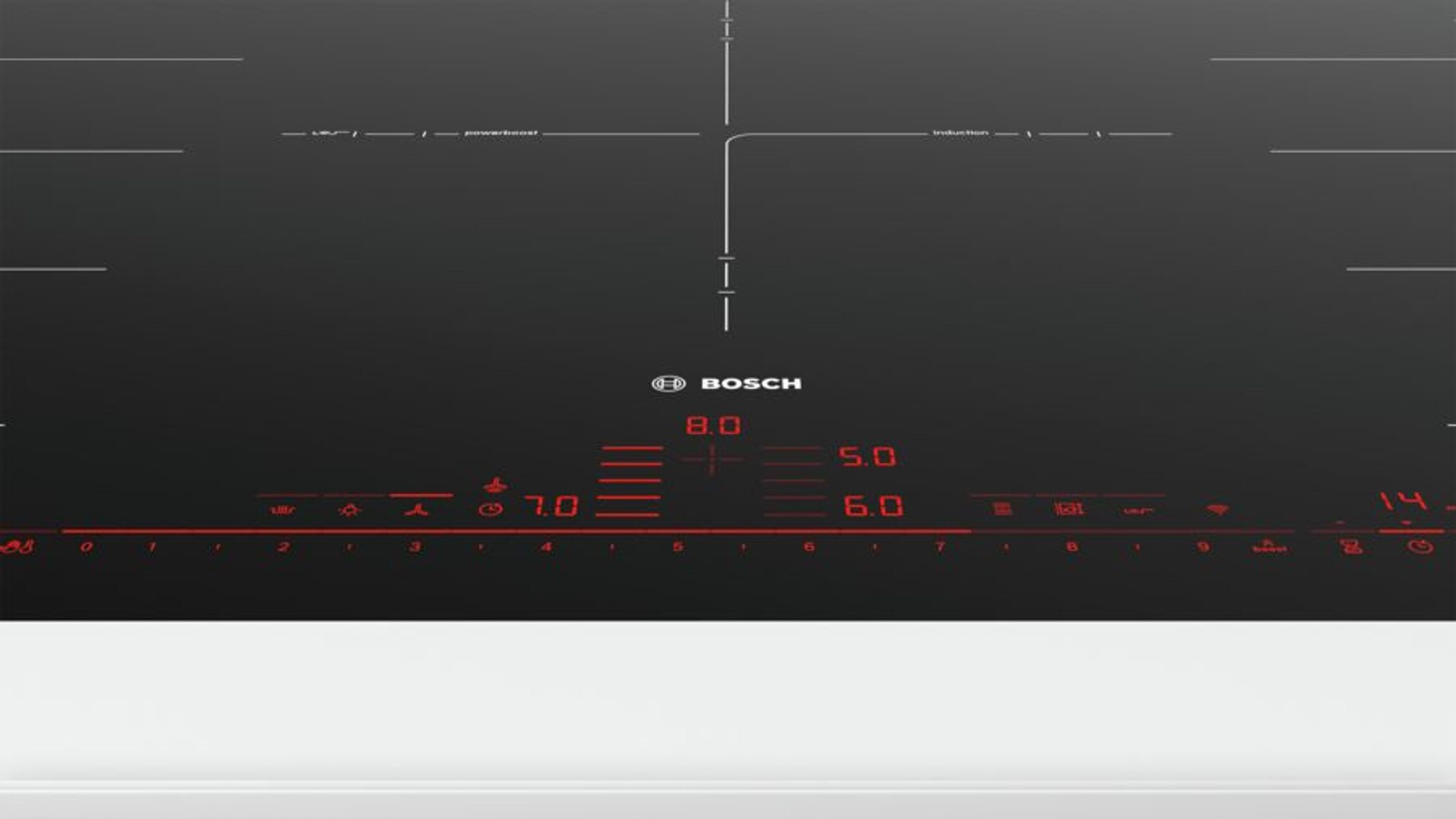 Un piano cottura a induzione nero con display digitale e pulsanti di controllo.