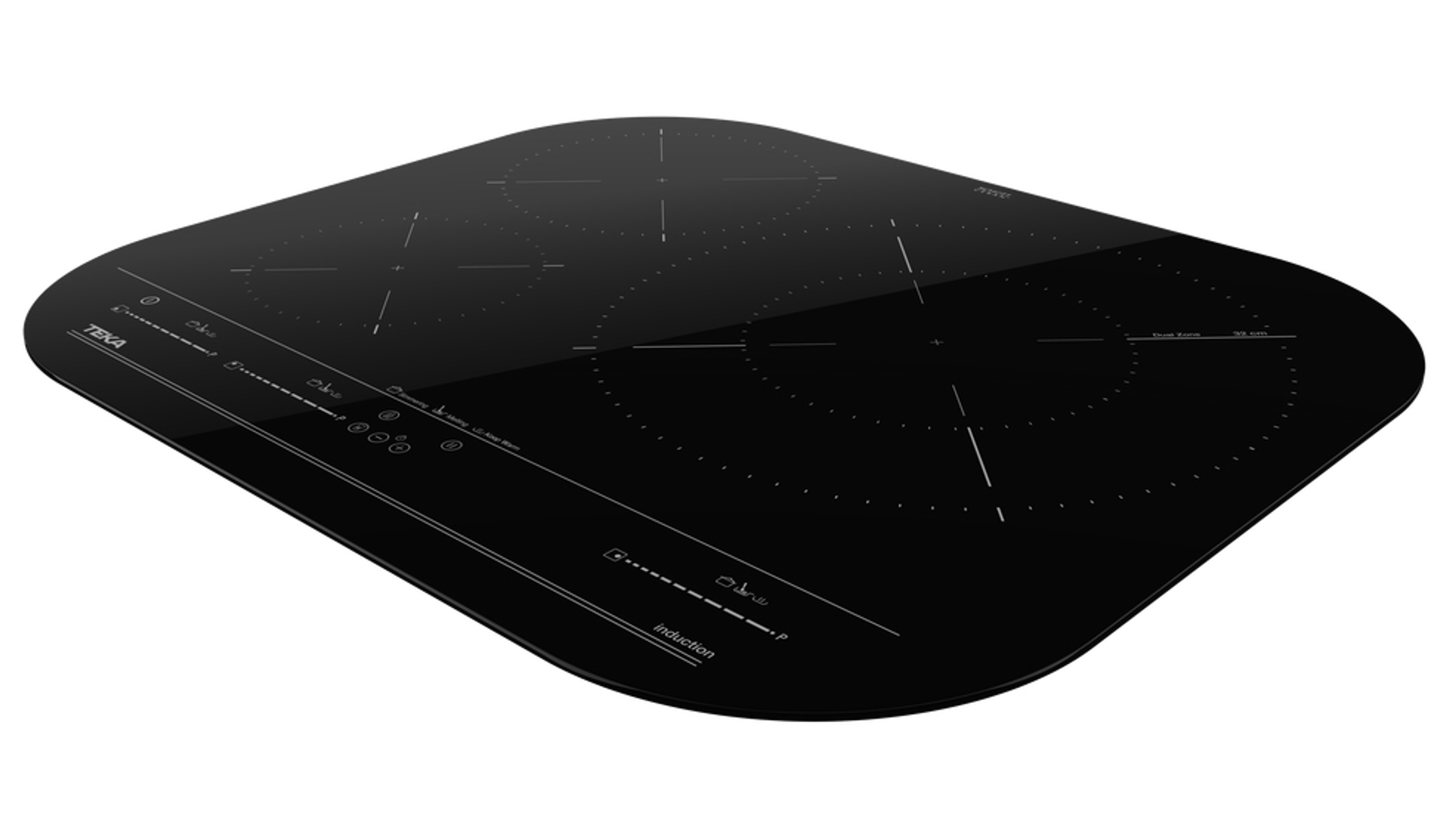 Czarna płyta indukcyjna z czterema strefami gotowania i sterowaniem dotykowym. Elegancki, nowoczesny design.