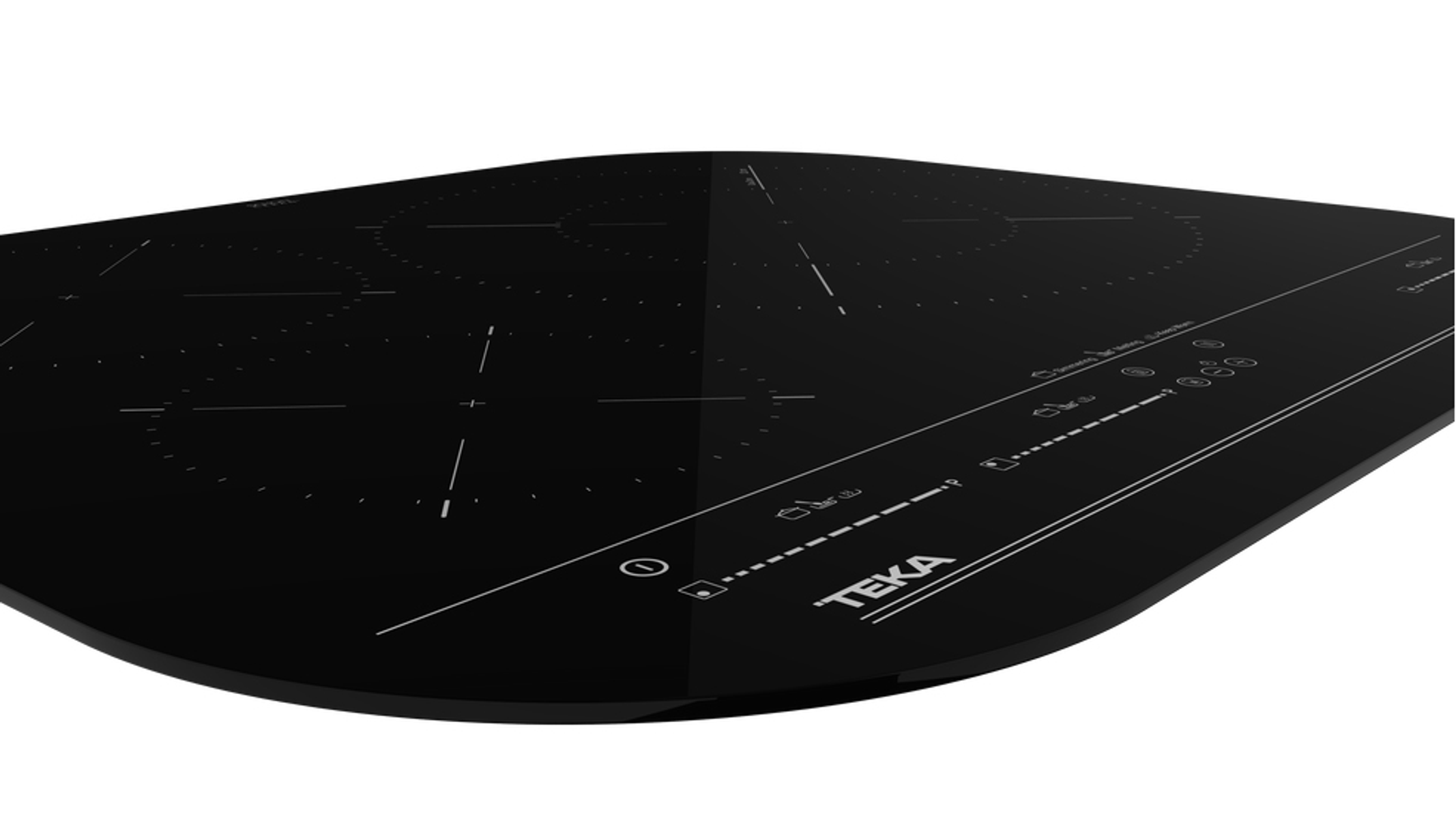 Czarna płyta indukcyjna z czterema strefami gotowania, białymi oznaczeniami i logo Teka.