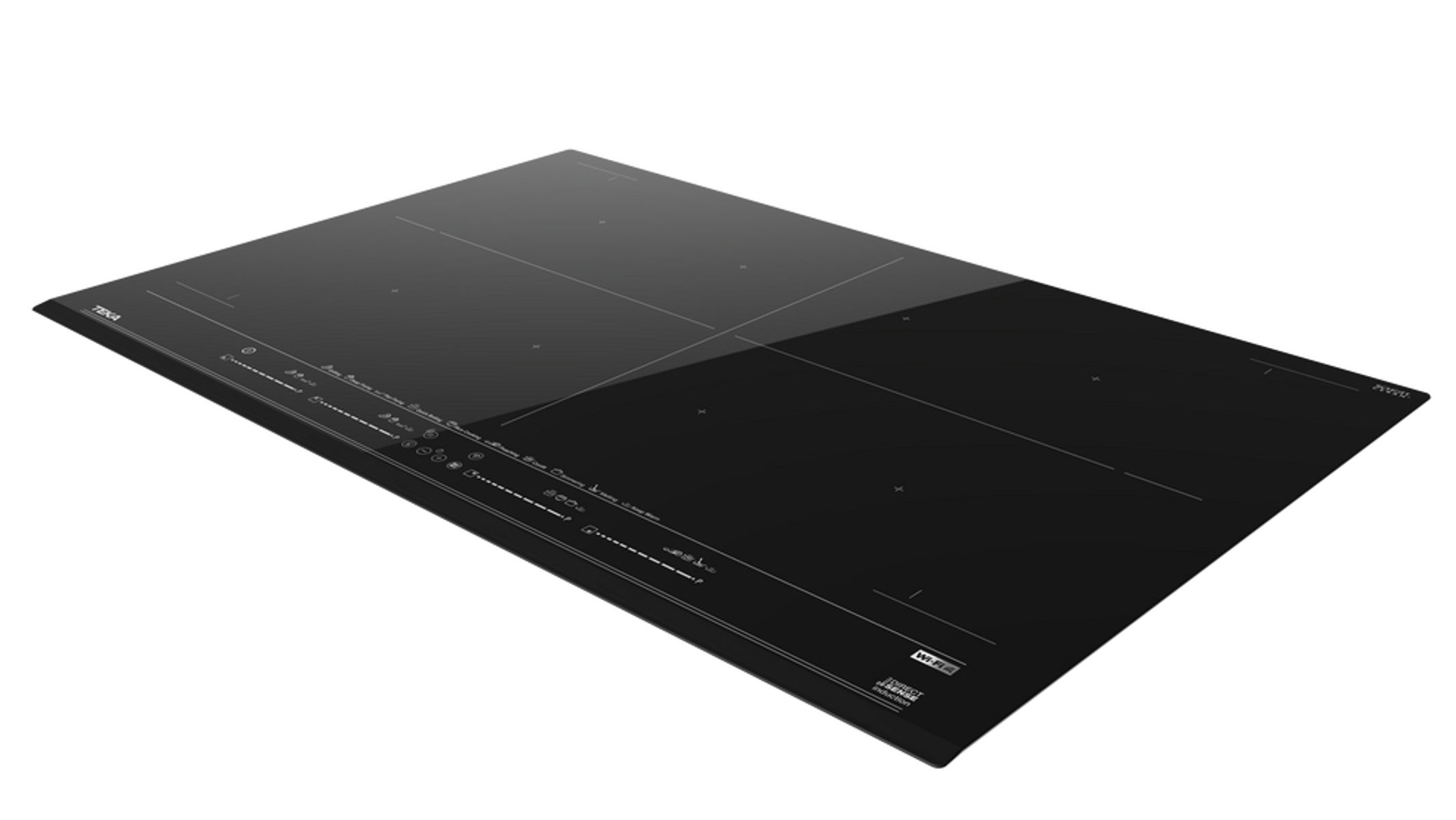 Placa de inducción negra rectangular con controles táctiles, en ángulo, fondo blanco.