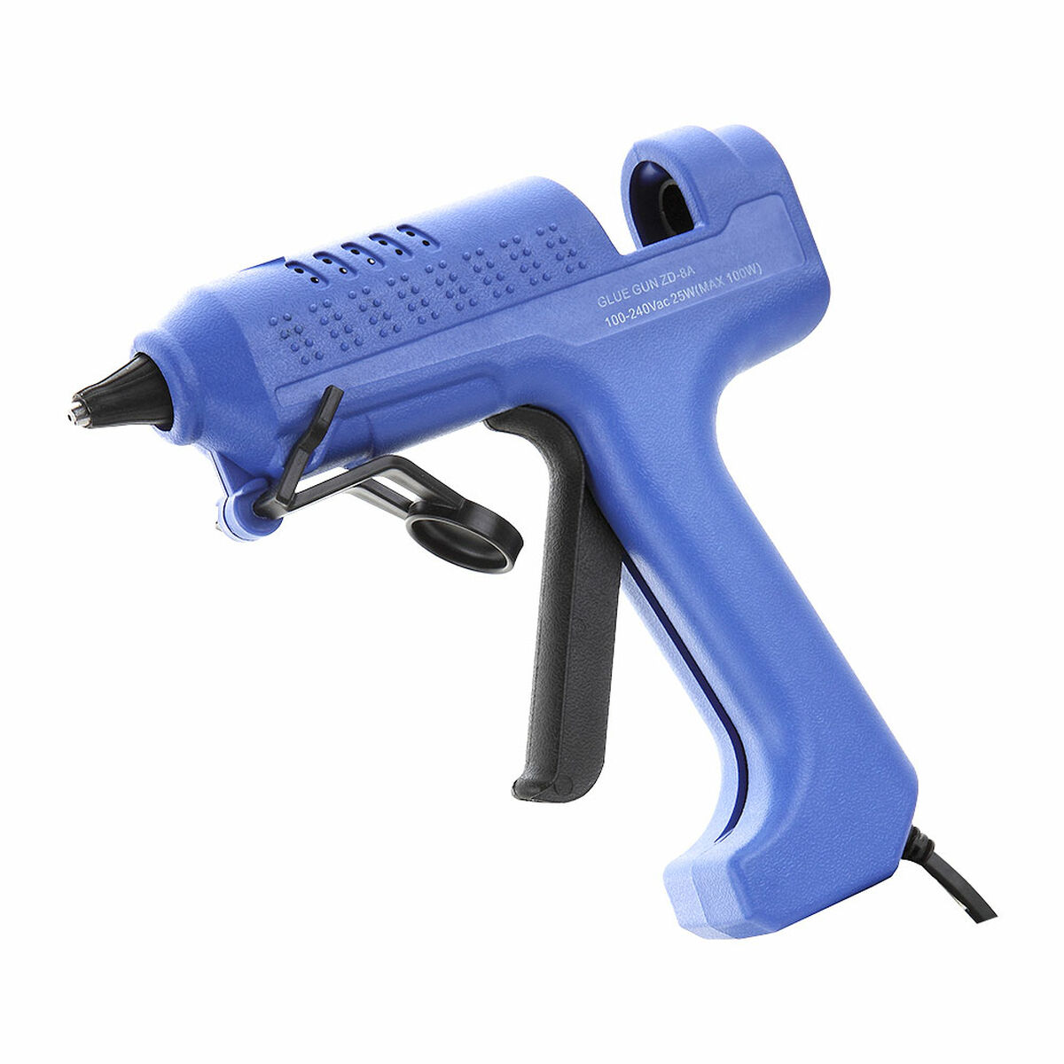 Blaue Klebepistole mit schwarzem Abzug und Düse auf weißem Hintergrund. Text 'GLUE GUN ZD-8A'.