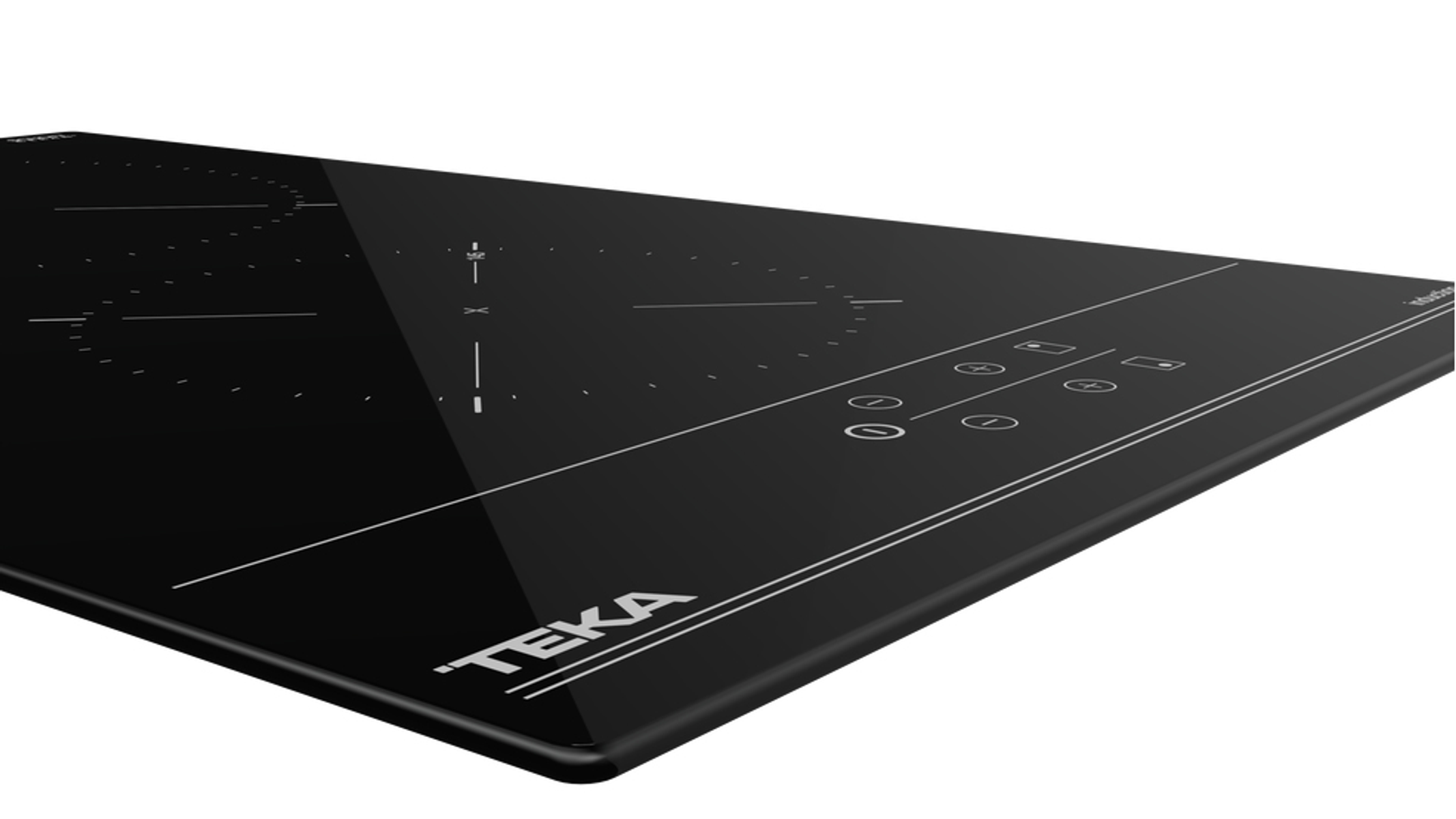Primer plano de una placa de inducción Teka negra. La placa tiene controles táctiles y marcas blancas sobre una superficie negra.