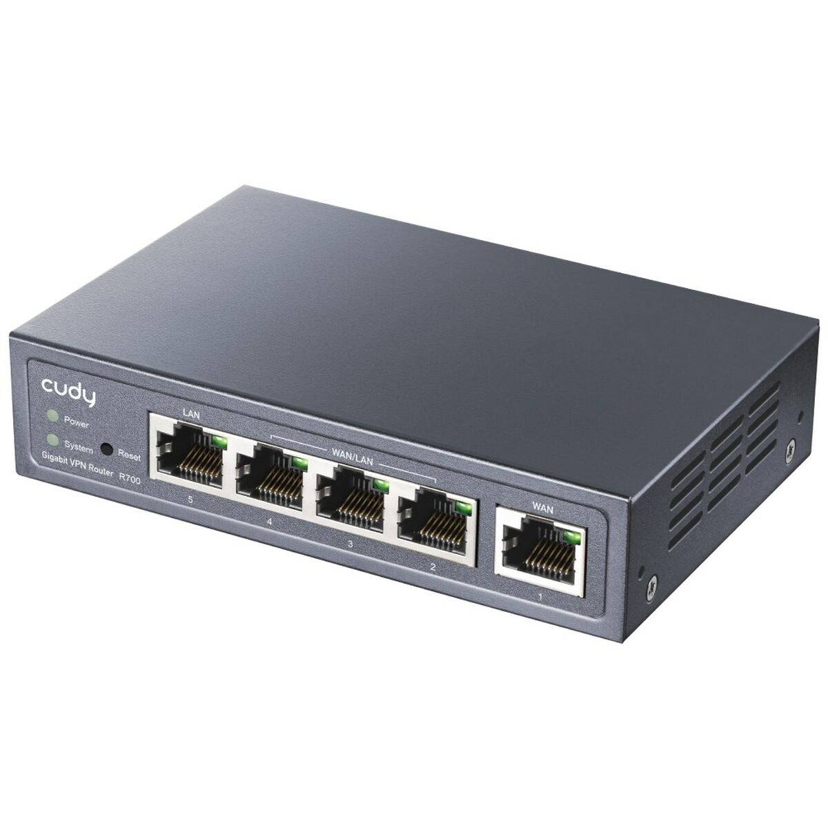 Schwarzer Cudy Gigabit-VPN-Router mit Anschlüssen und Lichtern. Weißer Hintergrund.