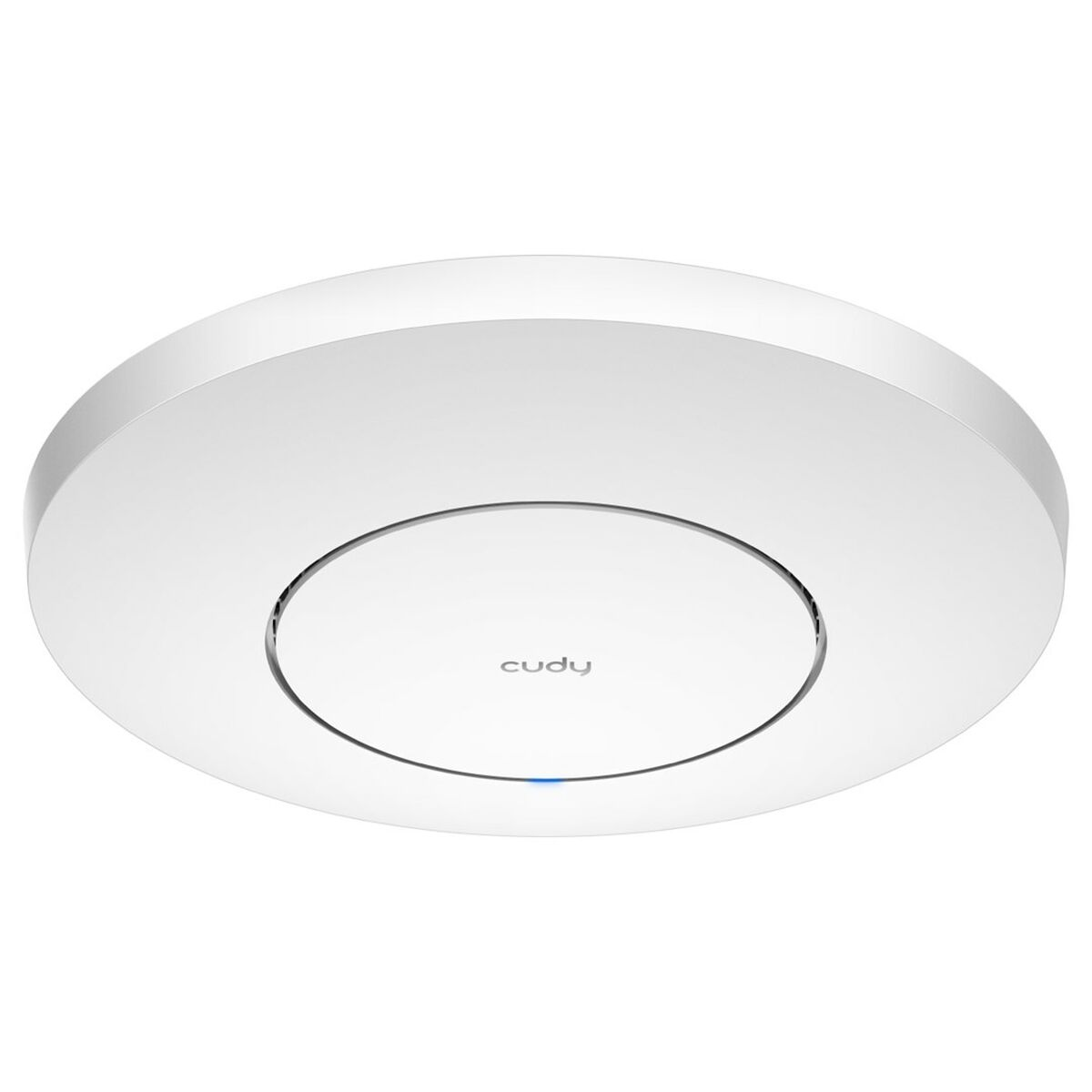 Beyaz, yuvarlak, tavana monte edilmiş bir wifi yönlendirici. Cihazda 'cudy' kelimesi yazılıdır.