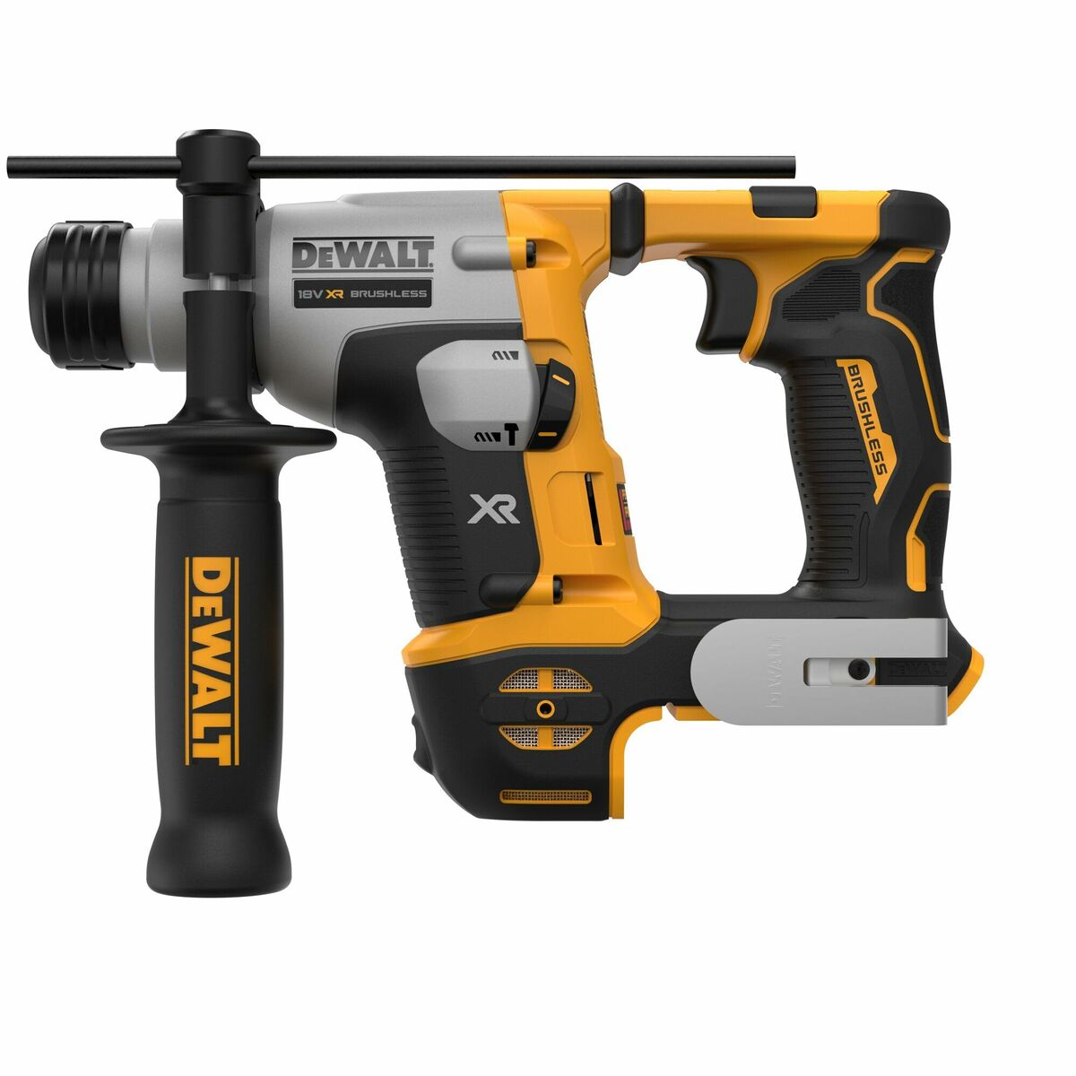 Gelb-schwarzer Dewalt-Bohrer mit Griff und Akku.