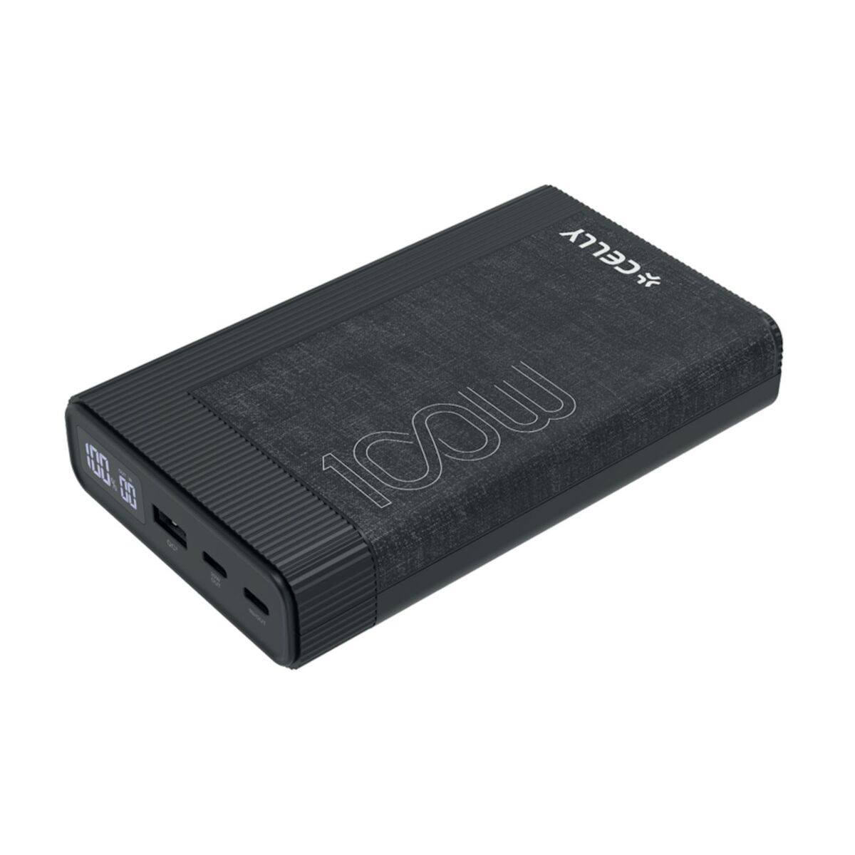 Schwarze Powerbank mit Digitalanzeige und der Aufschrift '100W'.