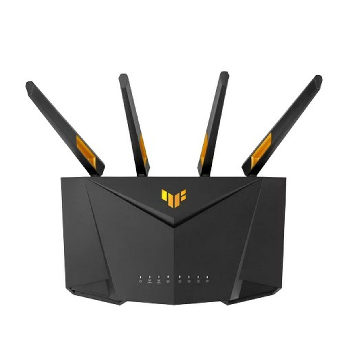 Czarny router z czterema antenami. Ma żółte logo i wiele lampek kontrolnych.