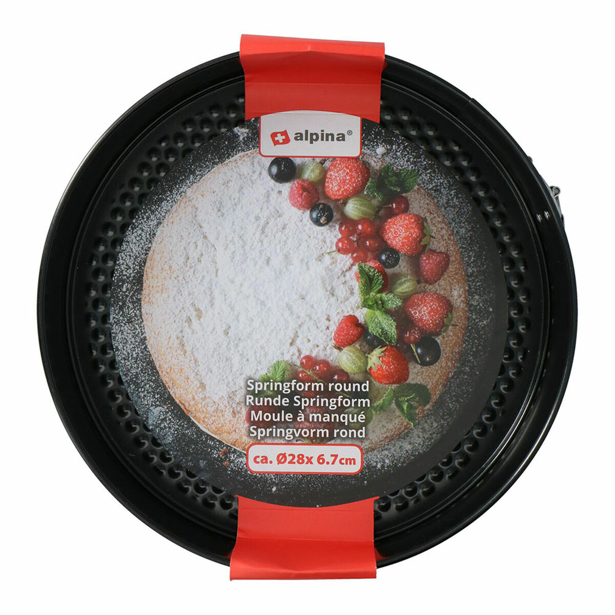 Un gâteau dans un récipient noir, garni de baies et de sucre glace. L'étiquette indique 'Springform'.