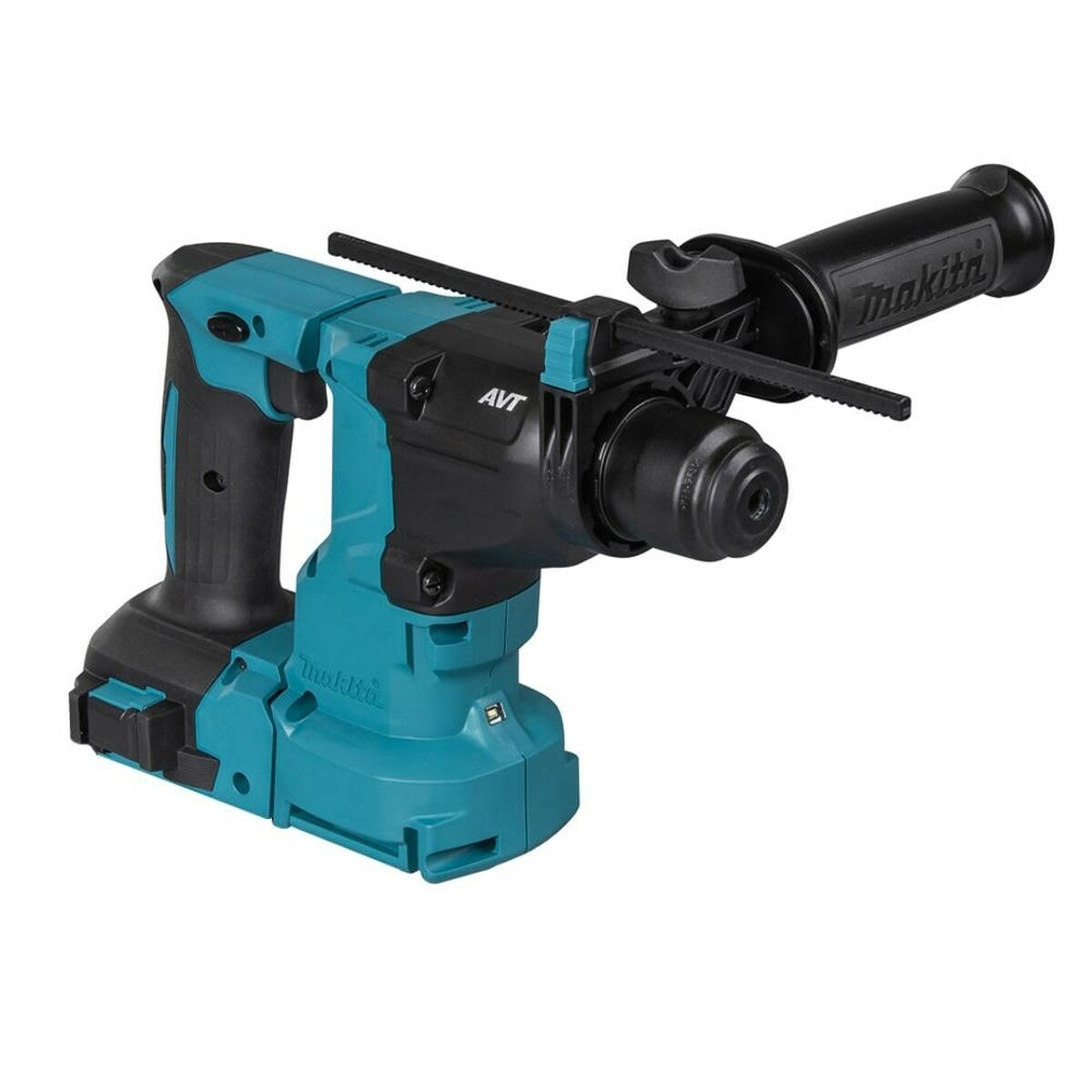 Ein türkis-schwarzer Makita Bohrhammer auf weißem Hintergrund.