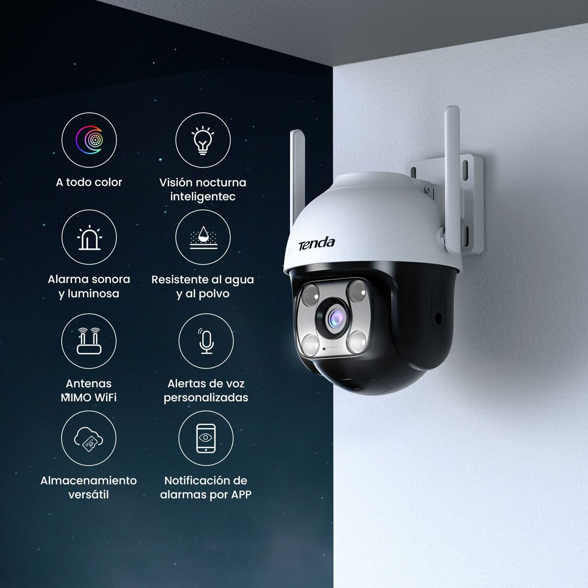 Una telecamera di sicurezza bianca e nera montata su un muro con icone e testo.