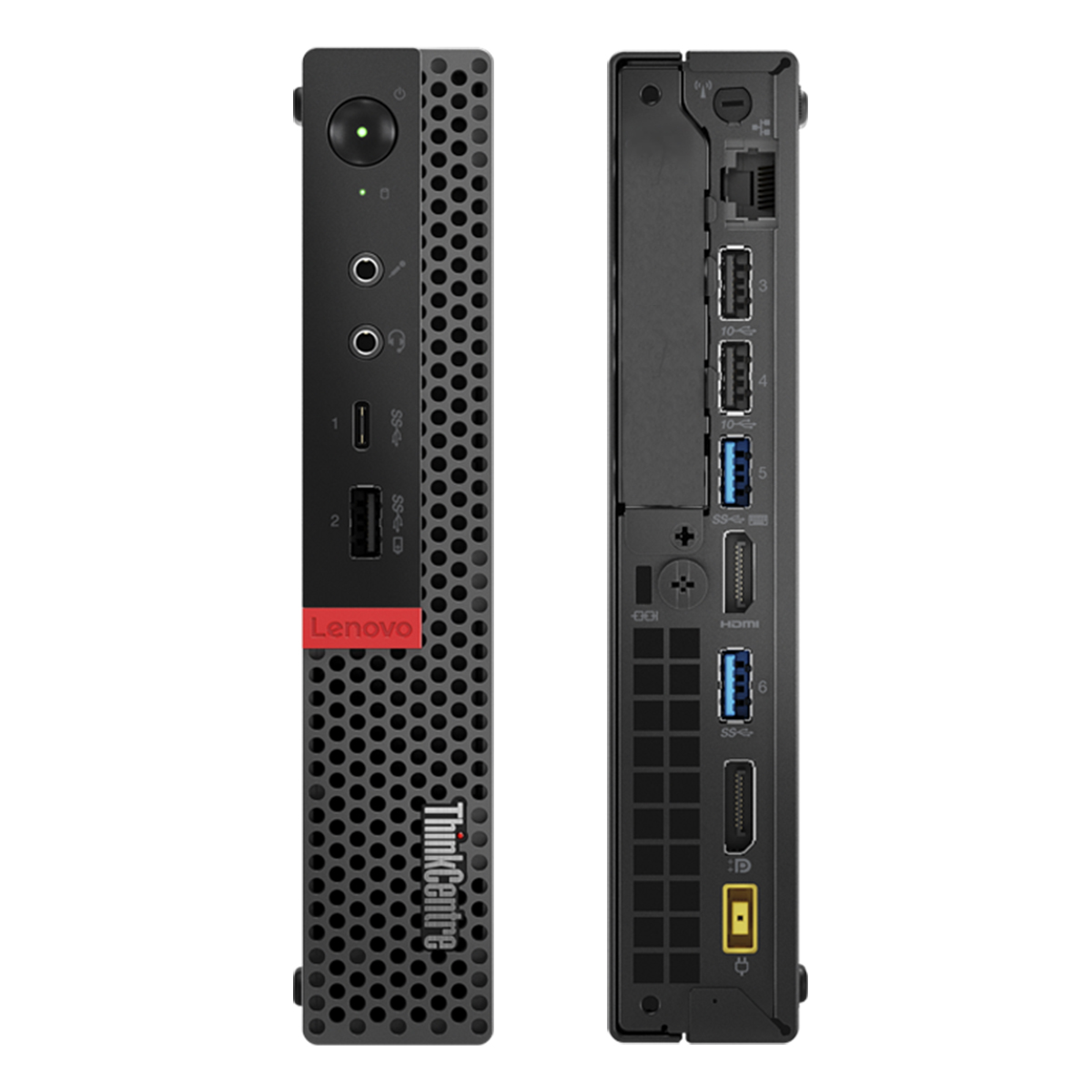 Una computadora de escritorio Lenovo ThinkCentre negra se muestra desde el frente y la parte posterior, con puertos y ventilaciones visibles.