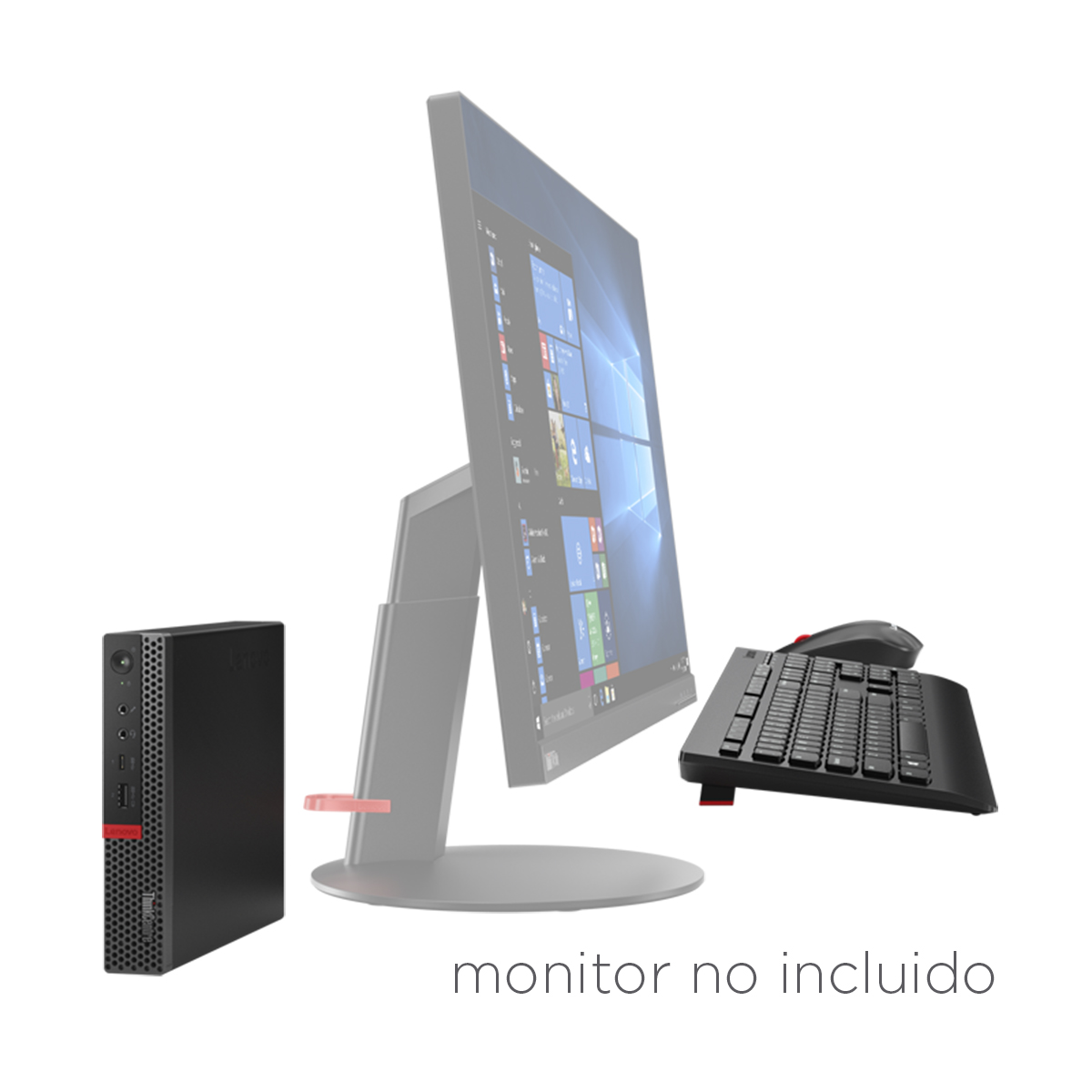 Una configuración de computadora con monitor, teclado, ratón y un pequeño ordenador.