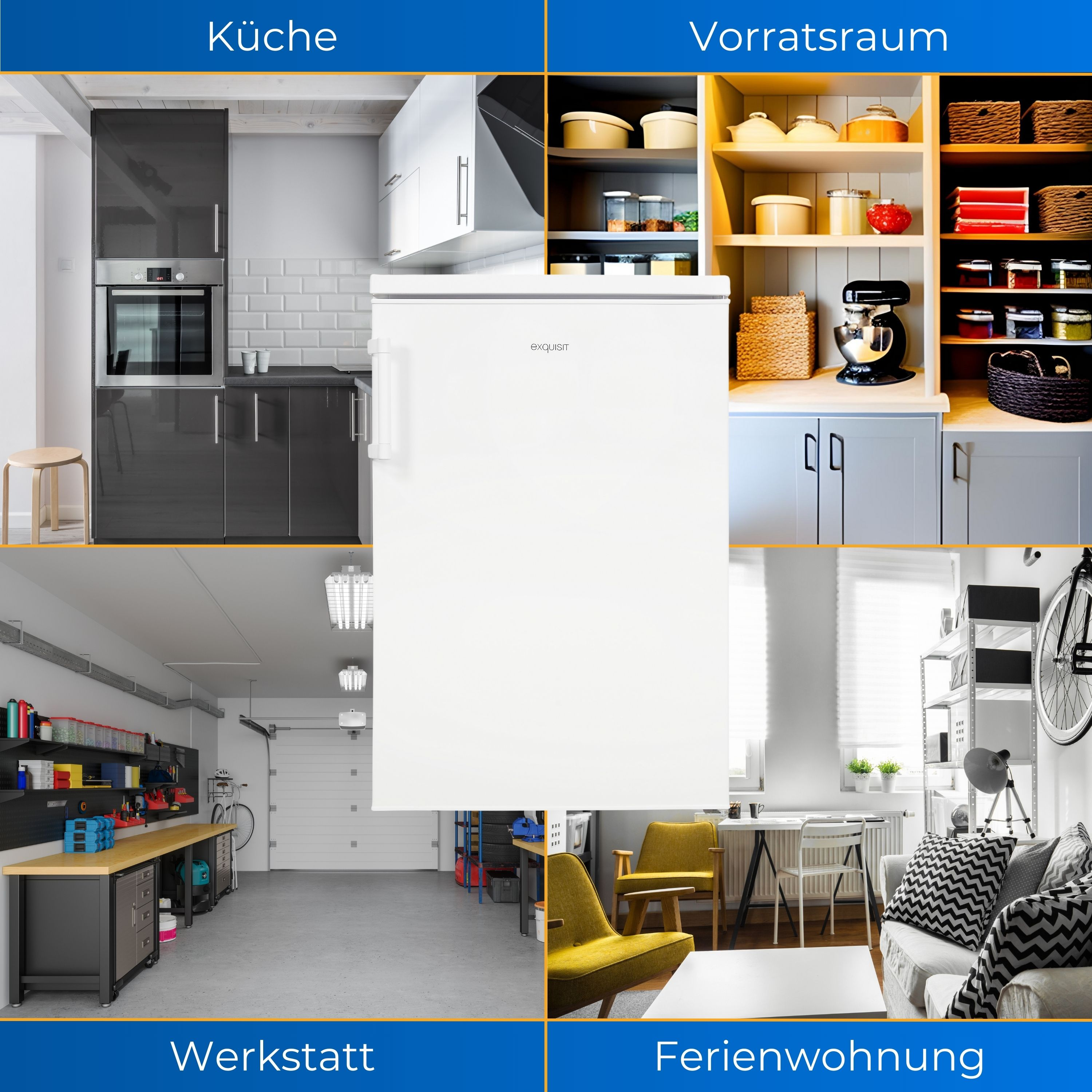 Vier Bereiche: Küche, Speisekammer, Werkstatt und Wohnung, jeweils mit unterschiedlicher Einrichtung.