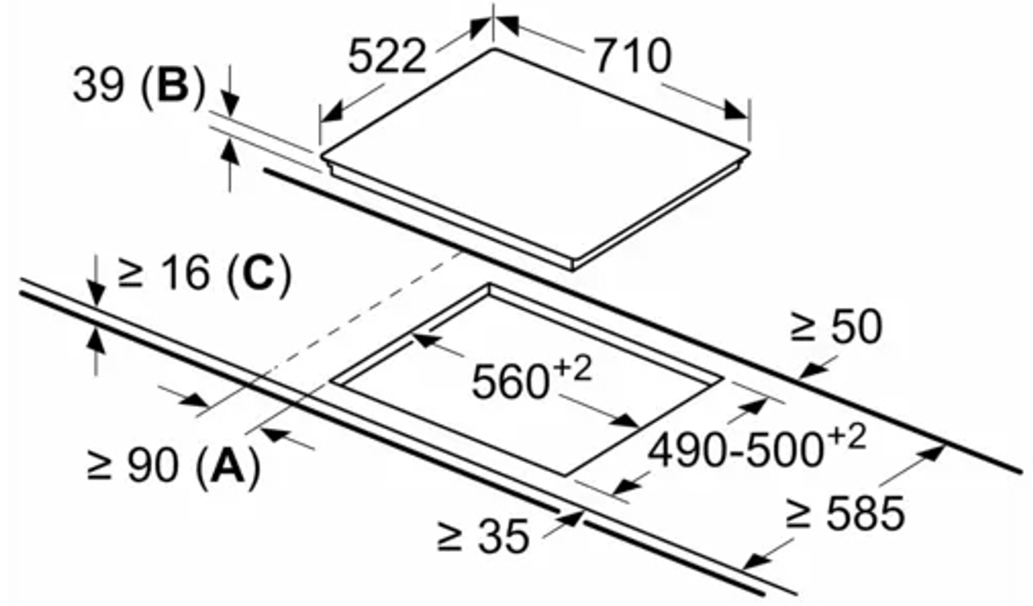 Dibujo técnico de un recorte de encimera y dimensiones de la encimera. Incluye medidas en milímetros.