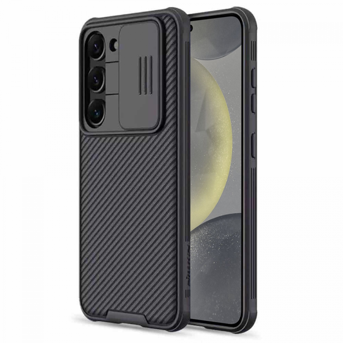 Schwarze Handyhülle mit Kameraschieber. Die Hülle hat ein Kohlefaser-Design.