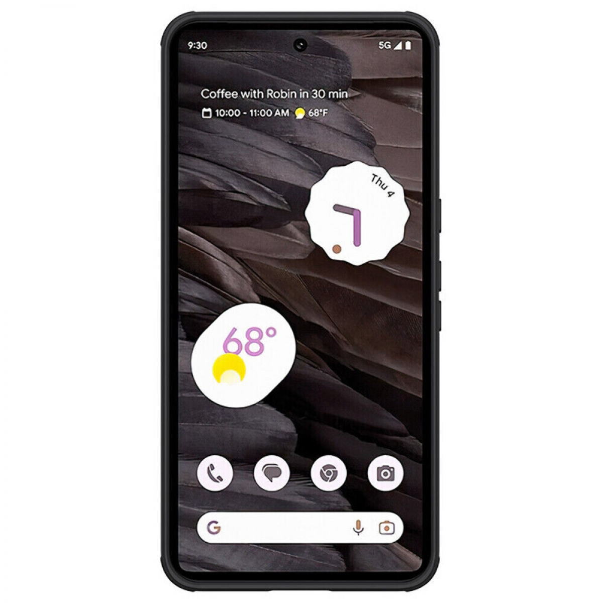 Ein schwarzes Smartphone zeigt einen Startbildschirm mit Wetter- und Kalender-Widgets an.