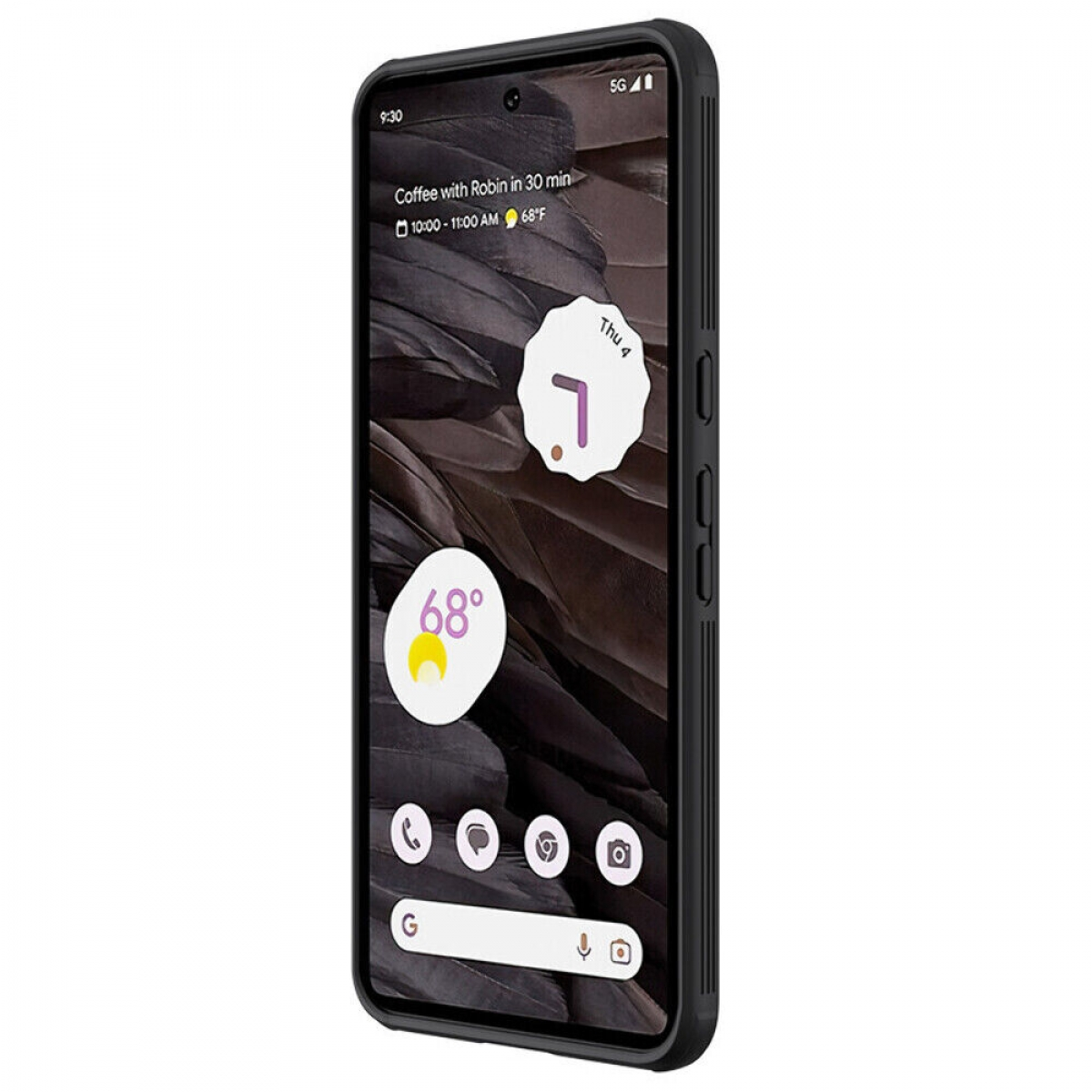 Schwarzes Smartphone mit Hülle, das einen Kalender und Wetter auf weißem Hintergrund anzeigt.