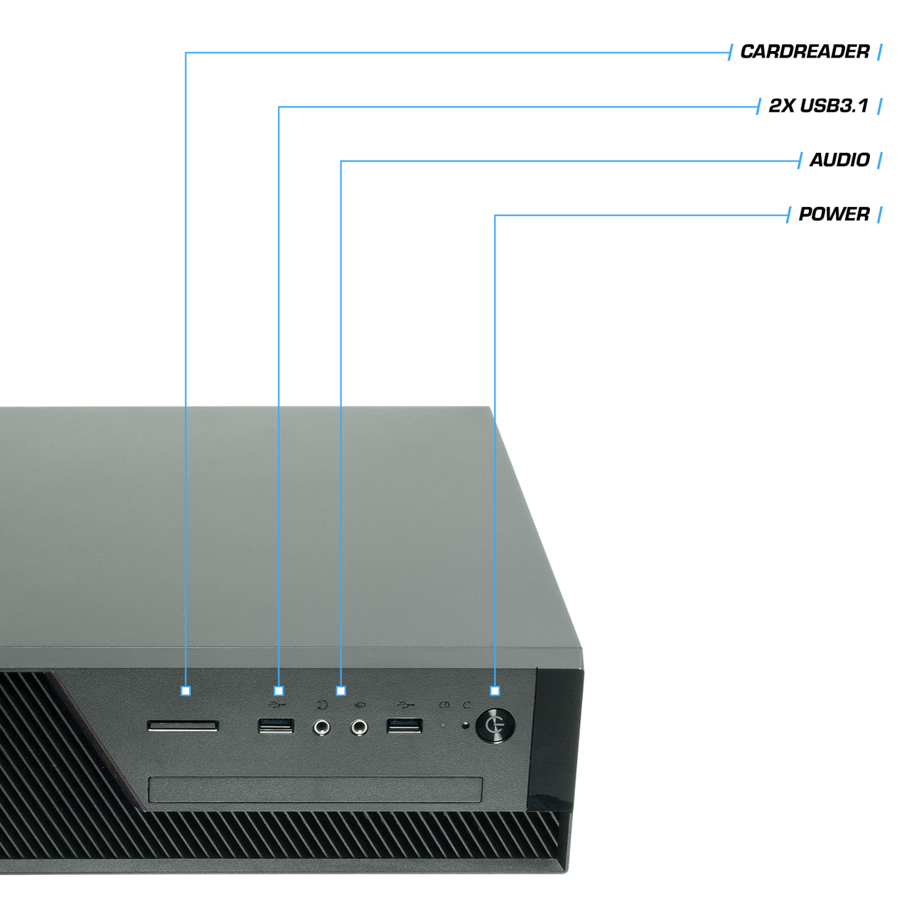 Schwarzer Desktop-Computer mit Kartenleser, USB-Anschlüssen, Audioanschlüssen und Netzschalter, alle mit blauen Linien markiert.