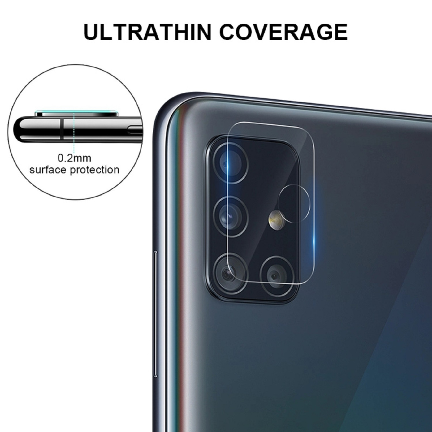 Smartphone-Rückseite mit Schutzfolie. Details zeigen 0,2 mm Oberflächenschutz für den Kamerabereich.
