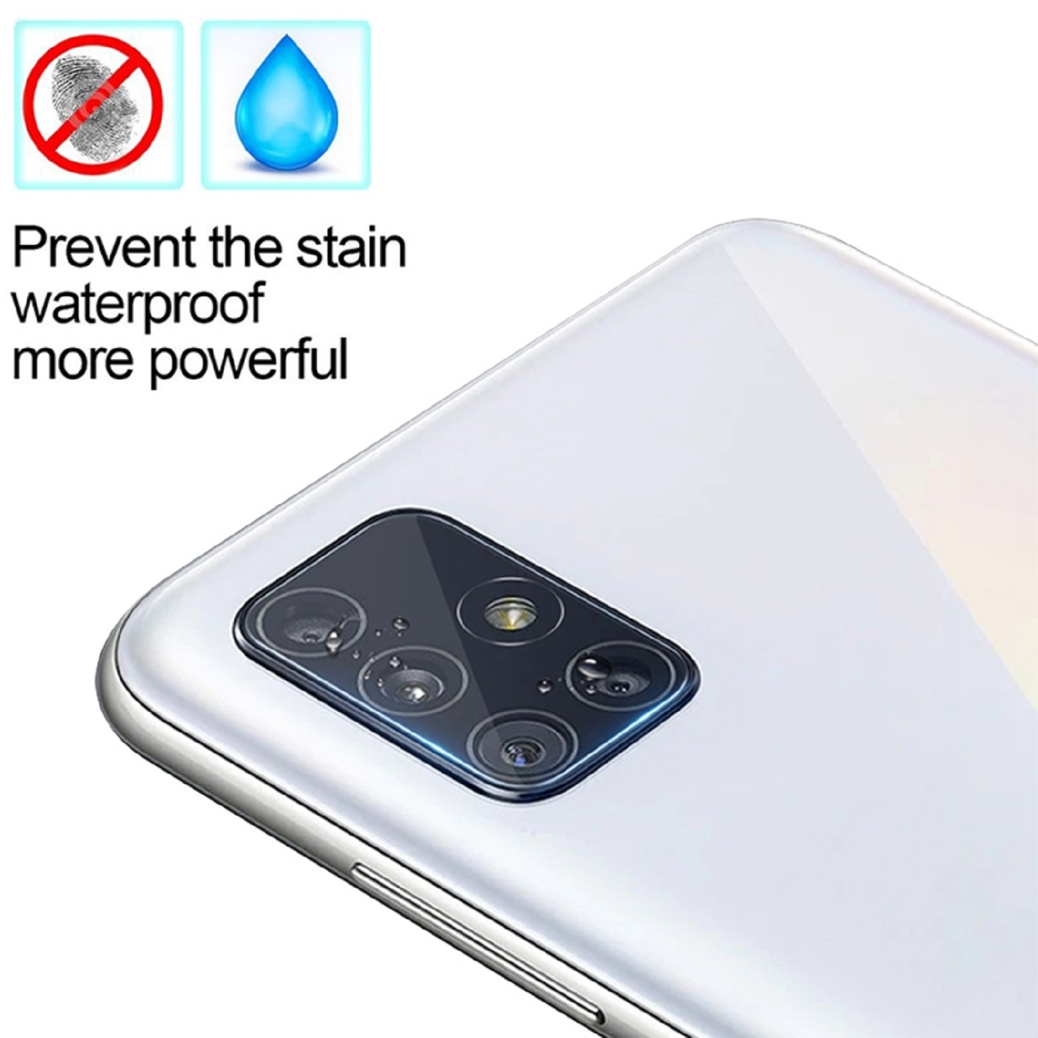 Weiße Telefonrückseite mit Kameraobjektiven. Symbole für keinen Fingerabdruck und Wassertropfen werden angezeigt. Text: 'Verhindern Sie Flecken wasserdicht'.