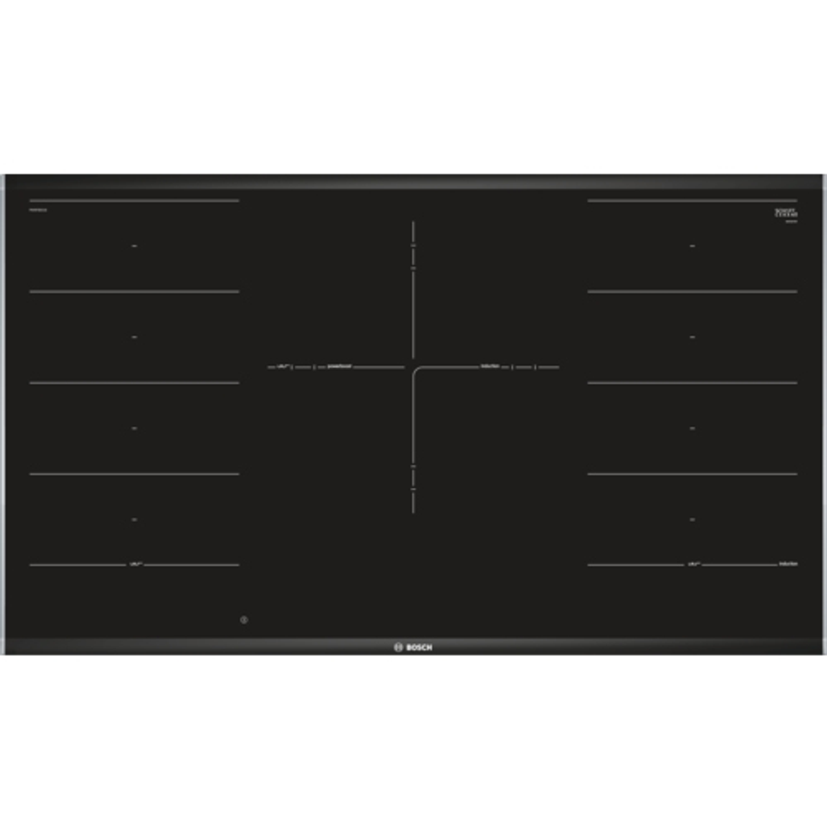 Czarna płyta indukcyjna z białymi oznaczeniami. Jest osiem stref gotowania i logo Bosch.