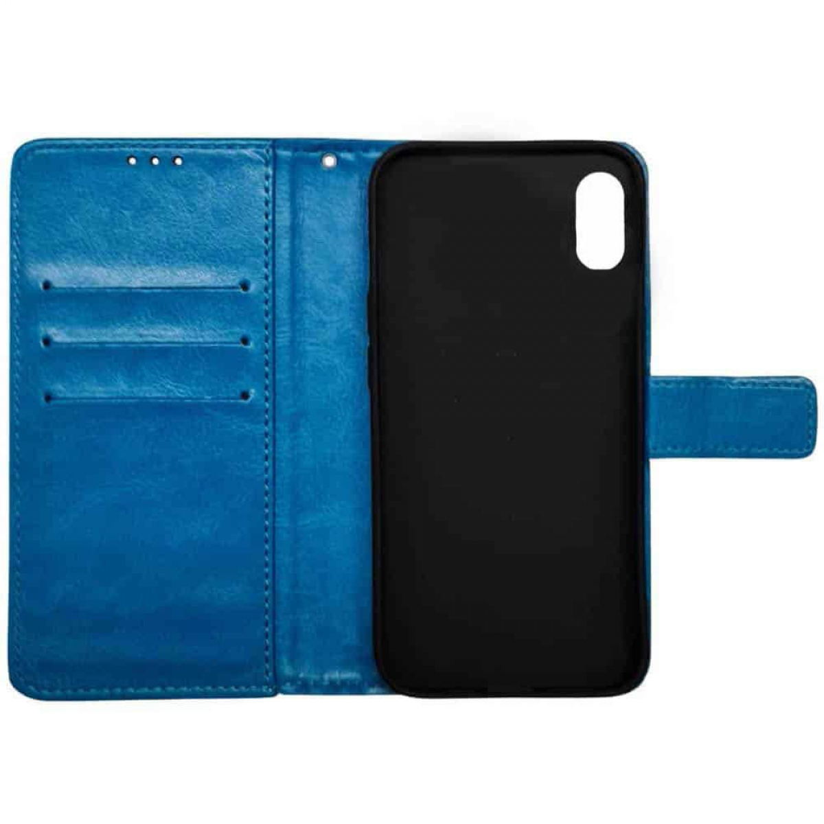 Blaues Leder-Handy-Case offen, mit einem schwarzen Telefon darin. Es gibt Kartenfächer.