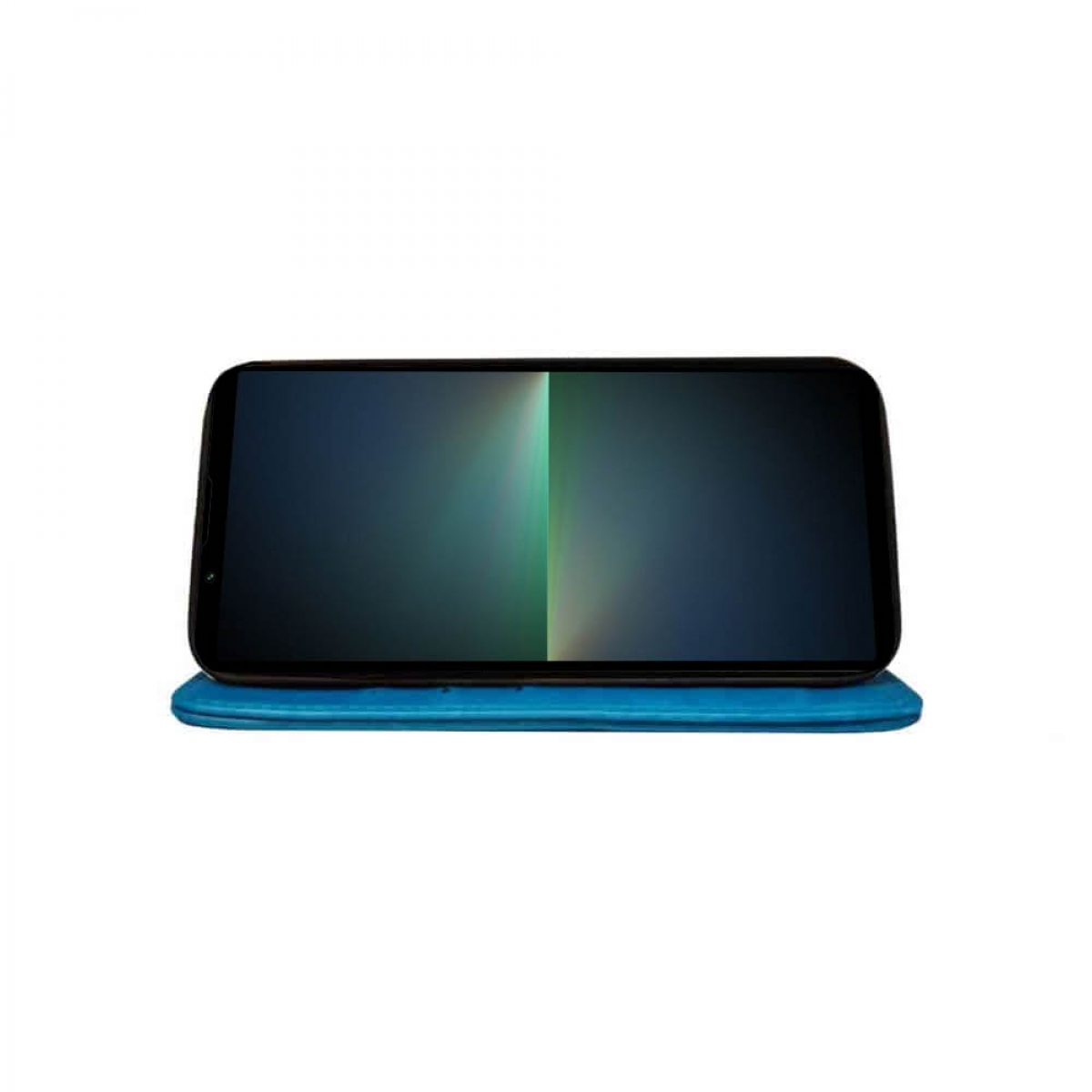 Schwarzes Smartphone auf blauem Ständer mit Farbverlauf. Weißer Hintergrund.