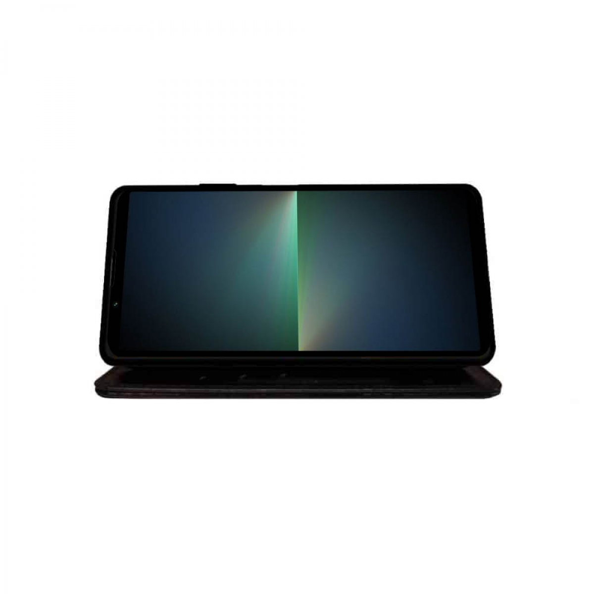 Ein schwarzes Smartphone in einem geöffneten Etui mit farbigem Bildschirm.