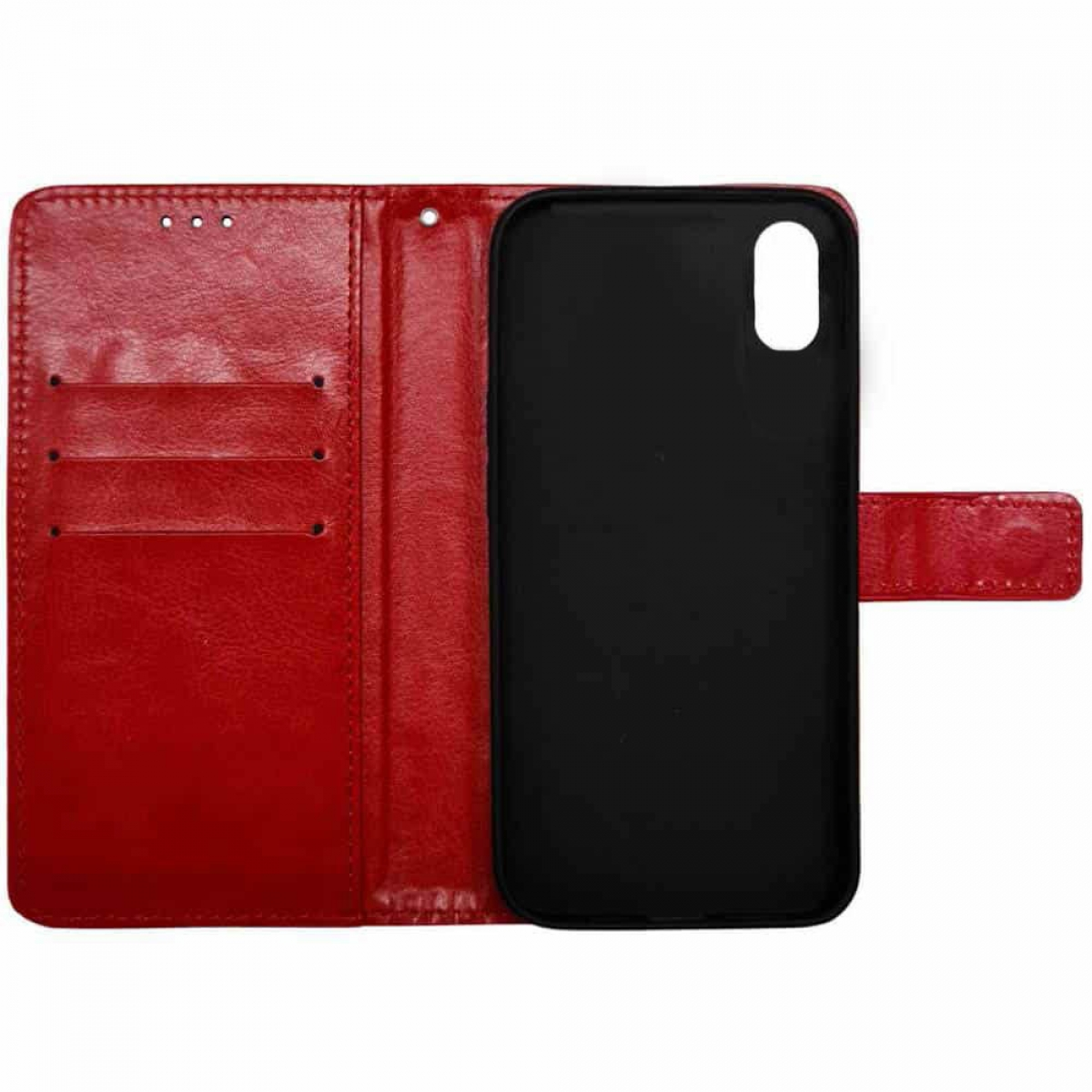 Rotes Leder-Handy-Case im Brieftaschenstil, geöffnet mit schwarzem Case und Kartenfächern.